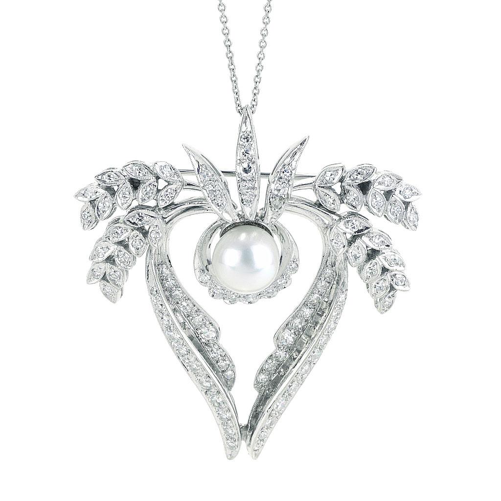 Antique Spray Design Pendant With Diamonds And Pearls In 14K White Gold In New Condition For Sale In Chicago, IL