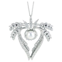 Antique Spray Design Pendant With Diamonds And Pearls In 14K White Gold