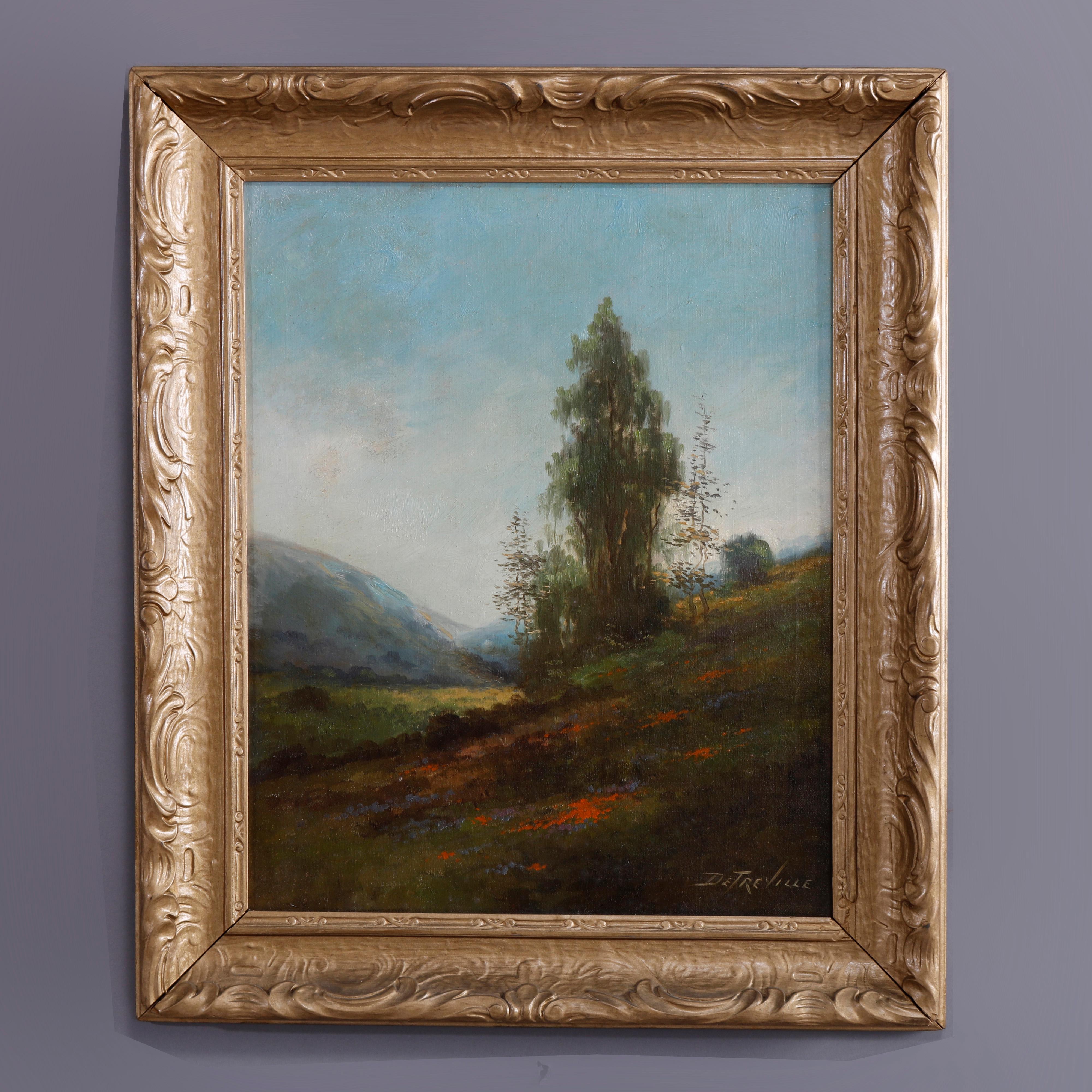 An antique landscape painting by Richard Dtreville offers oil on canvas meadow and mountain scene, artist signed lower right, seated in giltwood frame, c1910

Measures - 25.5''H x 21.5''W x 1.75''D; sight 16.25'' x 20.25''.

Catalogue Note: Ask