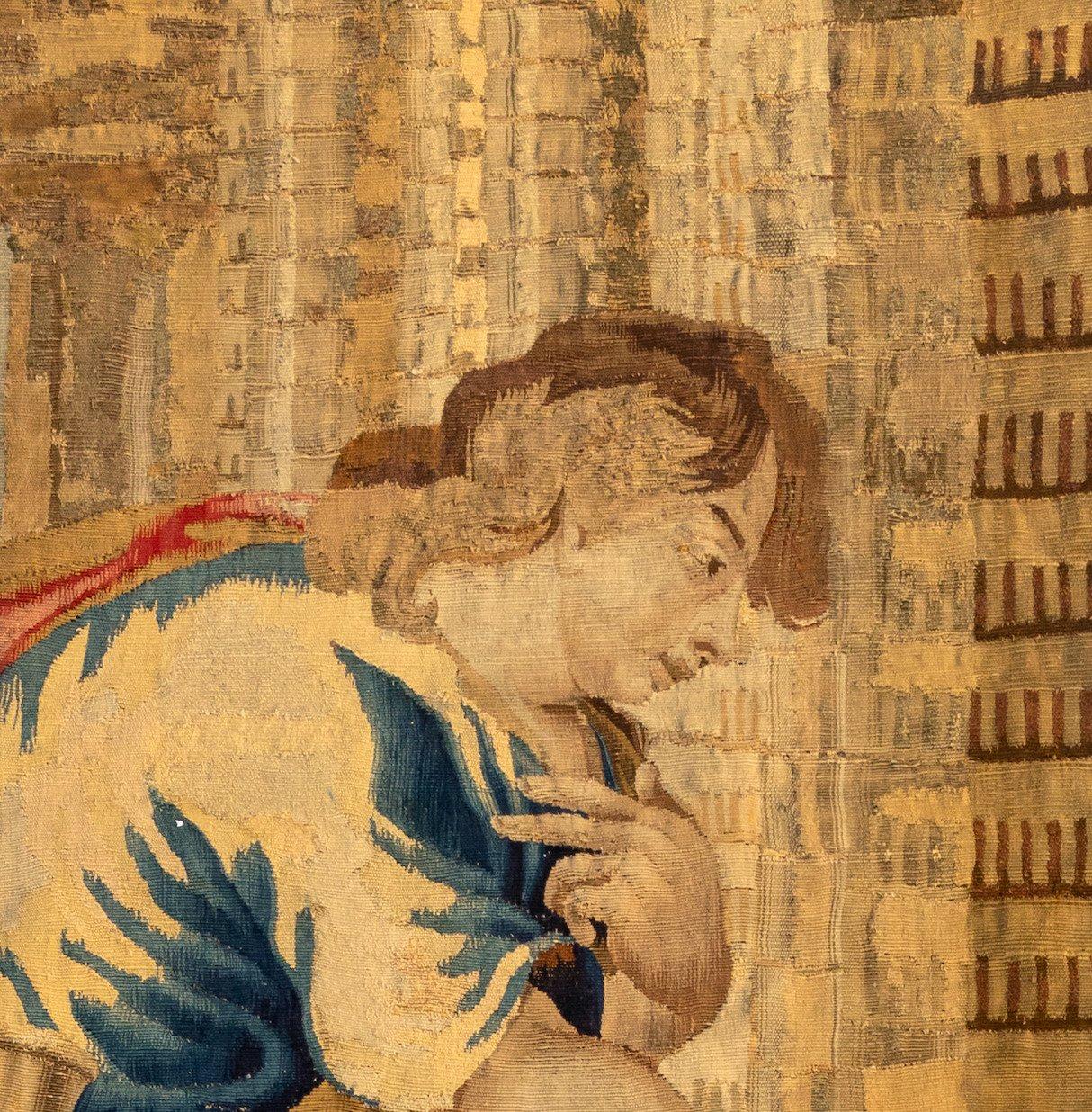 Belge Ancienne tapisserie carrée de la Renaissance flamande du 16ème siècle marron doré Nobleman en vente