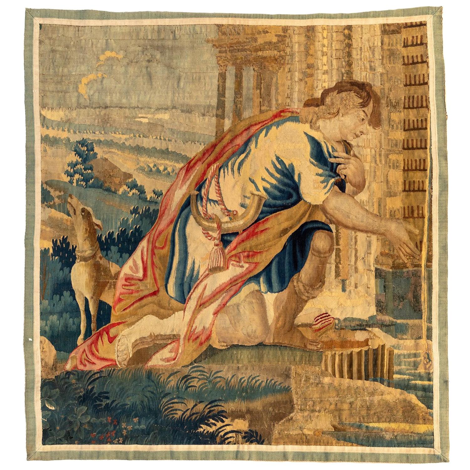 Antique Square 16th Century Gold Brown Flemish Renaissance Tapestry Nobleman For Sale