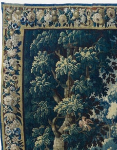 Antique Square 17th Century Flemish Verdure Landscape Tapestry with Birds