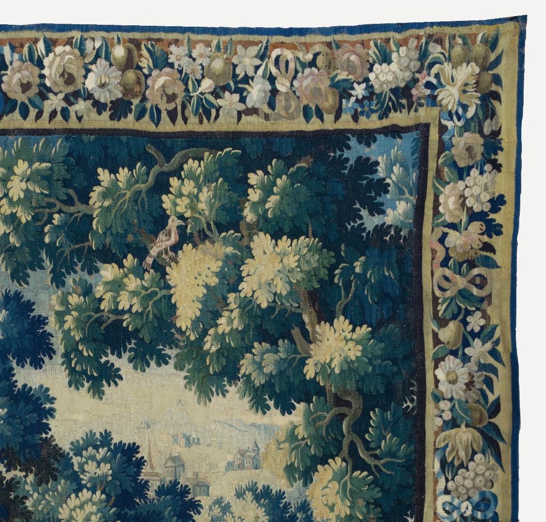 Baroque Antique Square 17th Century Flemish Verdure Landscape Tapestry with Birds