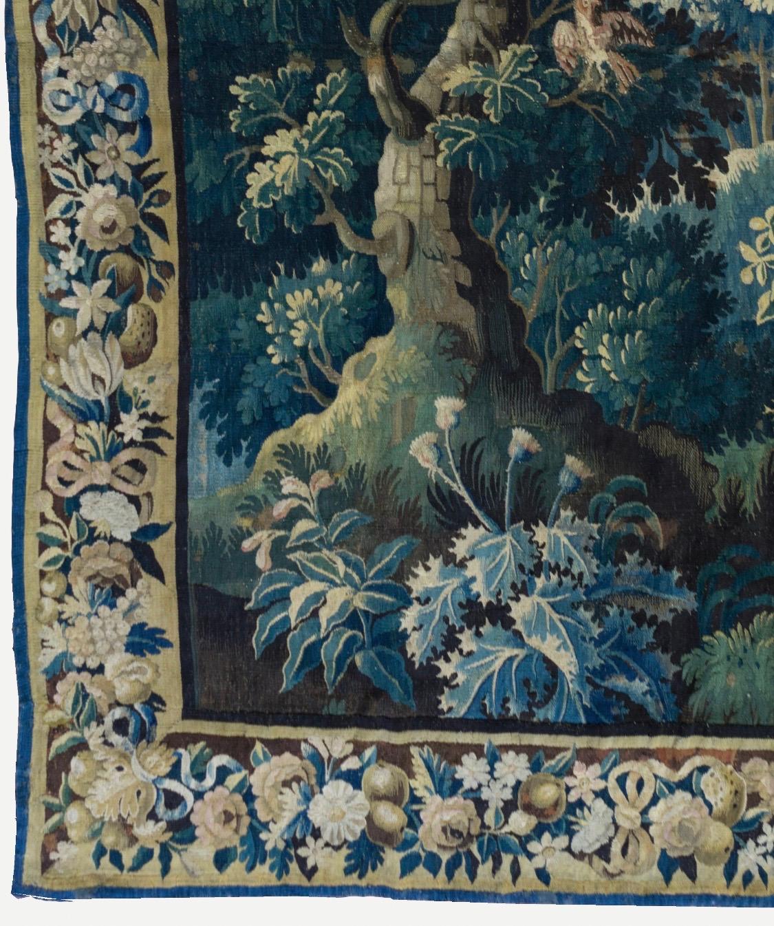 Belgian Antique Square 17th Century Flemish Verdure Landscape Tapestry with Birds