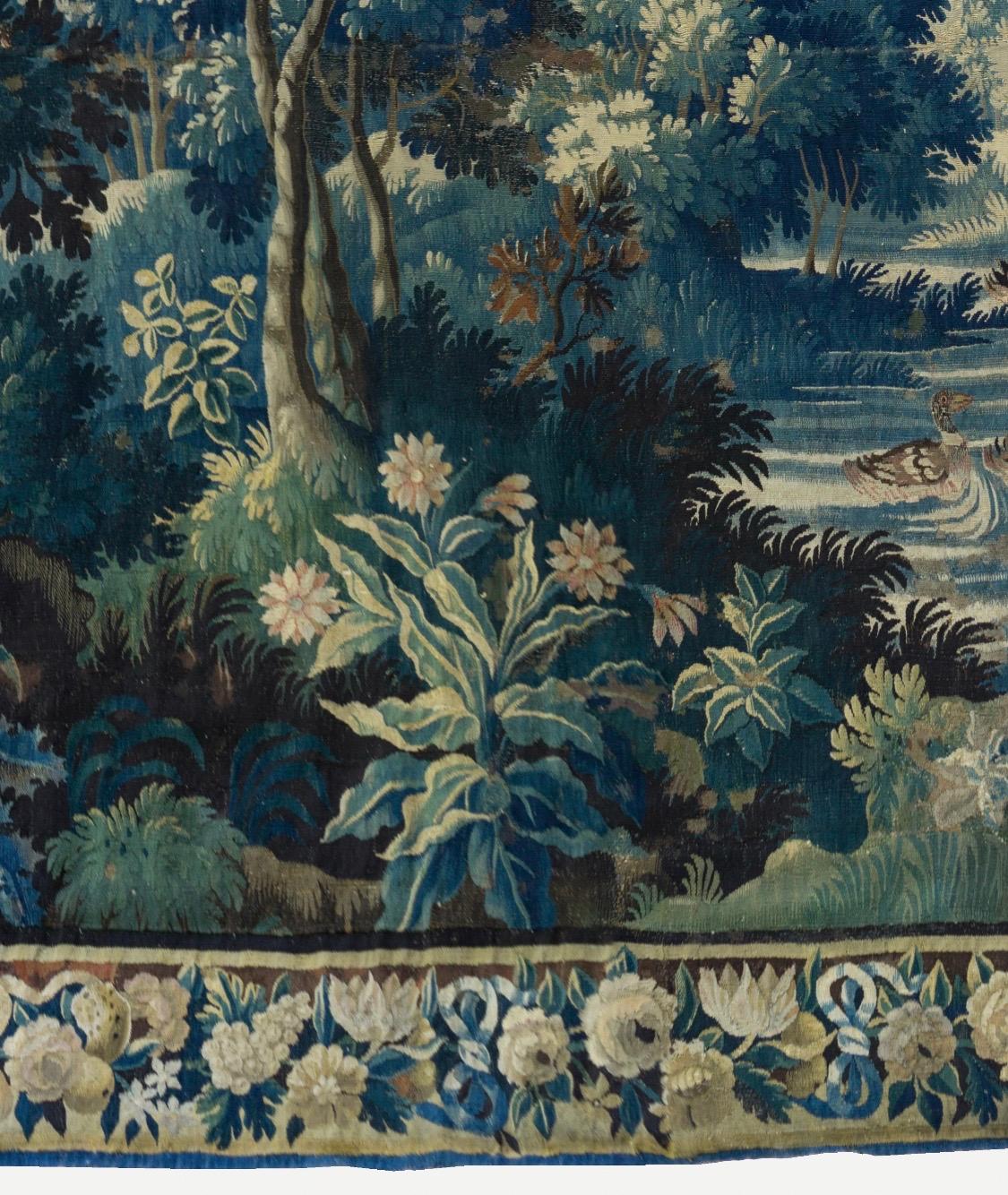 Hand-Woven Antique Square 17th Century Flemish Verdure Landscape Tapestry with Birds