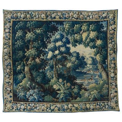 Antique Square 17th Century Flemish Verdure Landscape Tapestry with Birds