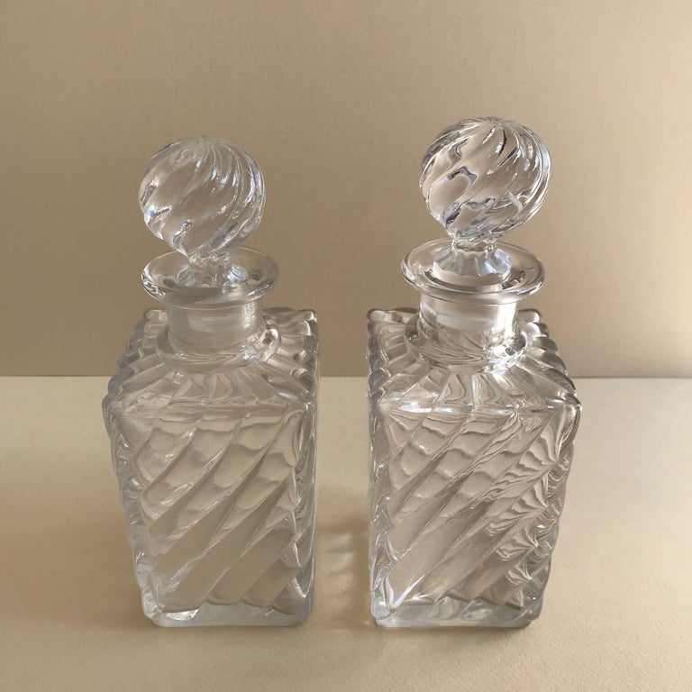 French Antique Square Base Crystal Bamboo Swirl Perfume Bottles by Baccarat For Sale