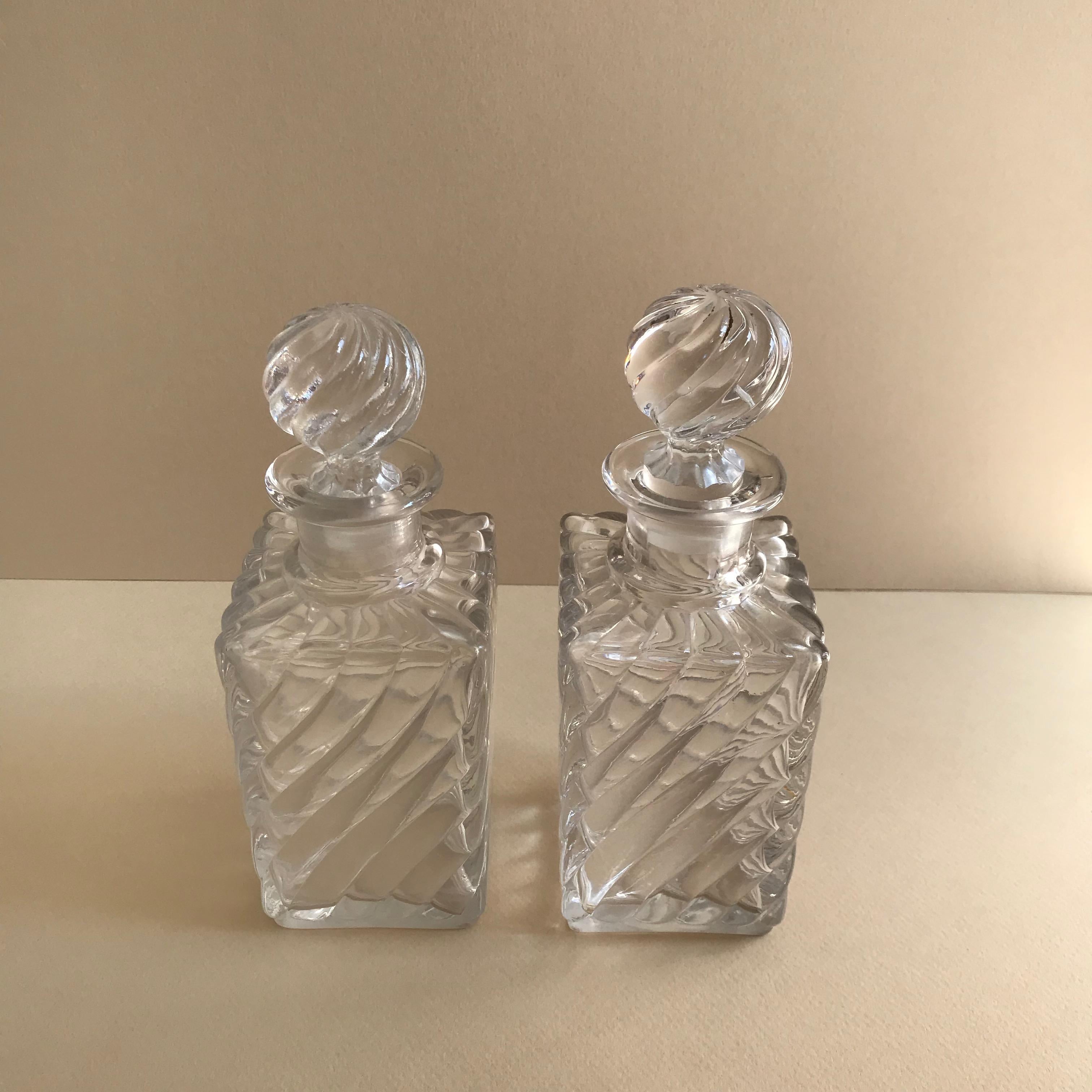 French Antique Square Base Crystal Bamboo Swirl Perfume Bottles by Baccarat For Sale