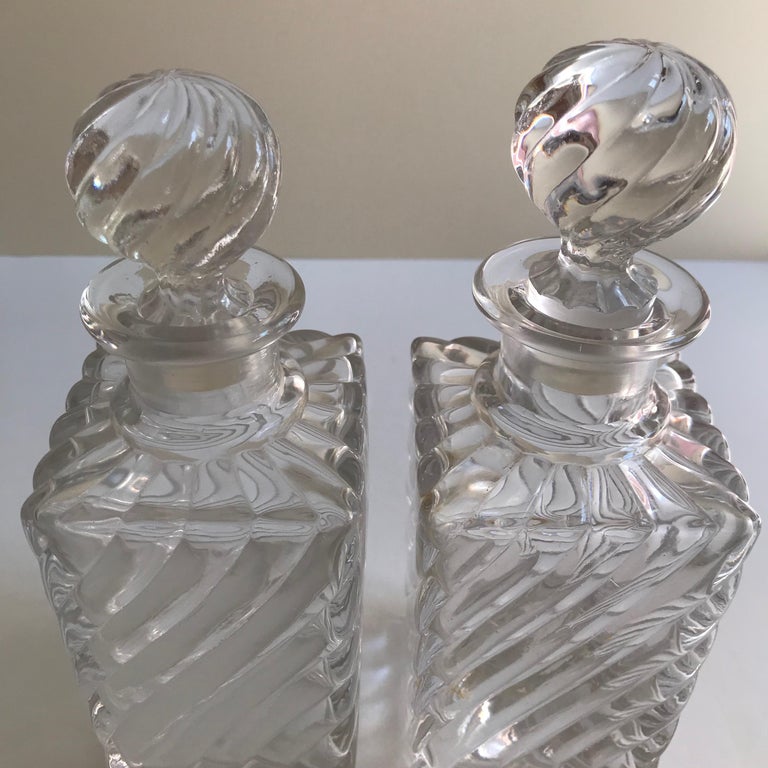 19th Century Antique Square Base Crystal Bamboo Swirl Perfume Bottles by Baccarat For Sale