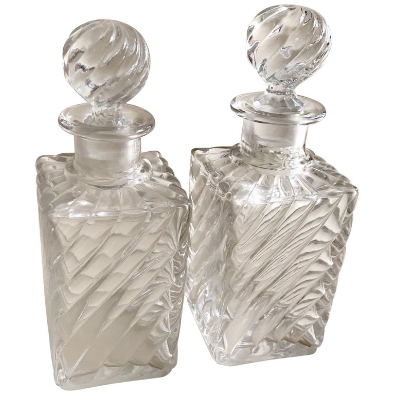 Antique Square Base Crystal Bamboo Swirl Perfume Bottles by Baccarat For Sale