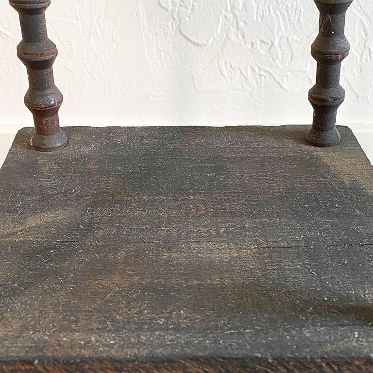 Folk Art Antique Square Black Wood Tramp Art Spool or Spindle Side Table