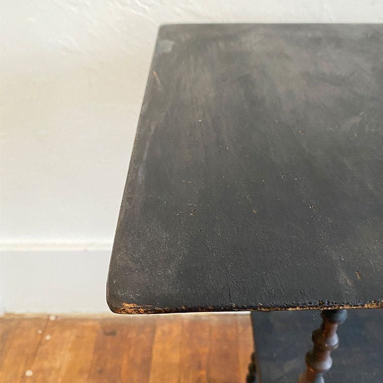 American Antique Square Black Wood Tramp Art Spool or Spindle Side Table