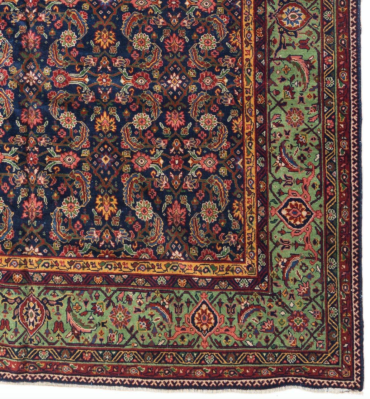 Sarouk Farahan Antique Blue and Green Square Floral Persian Farrahan Rug circa 1930s-1940s