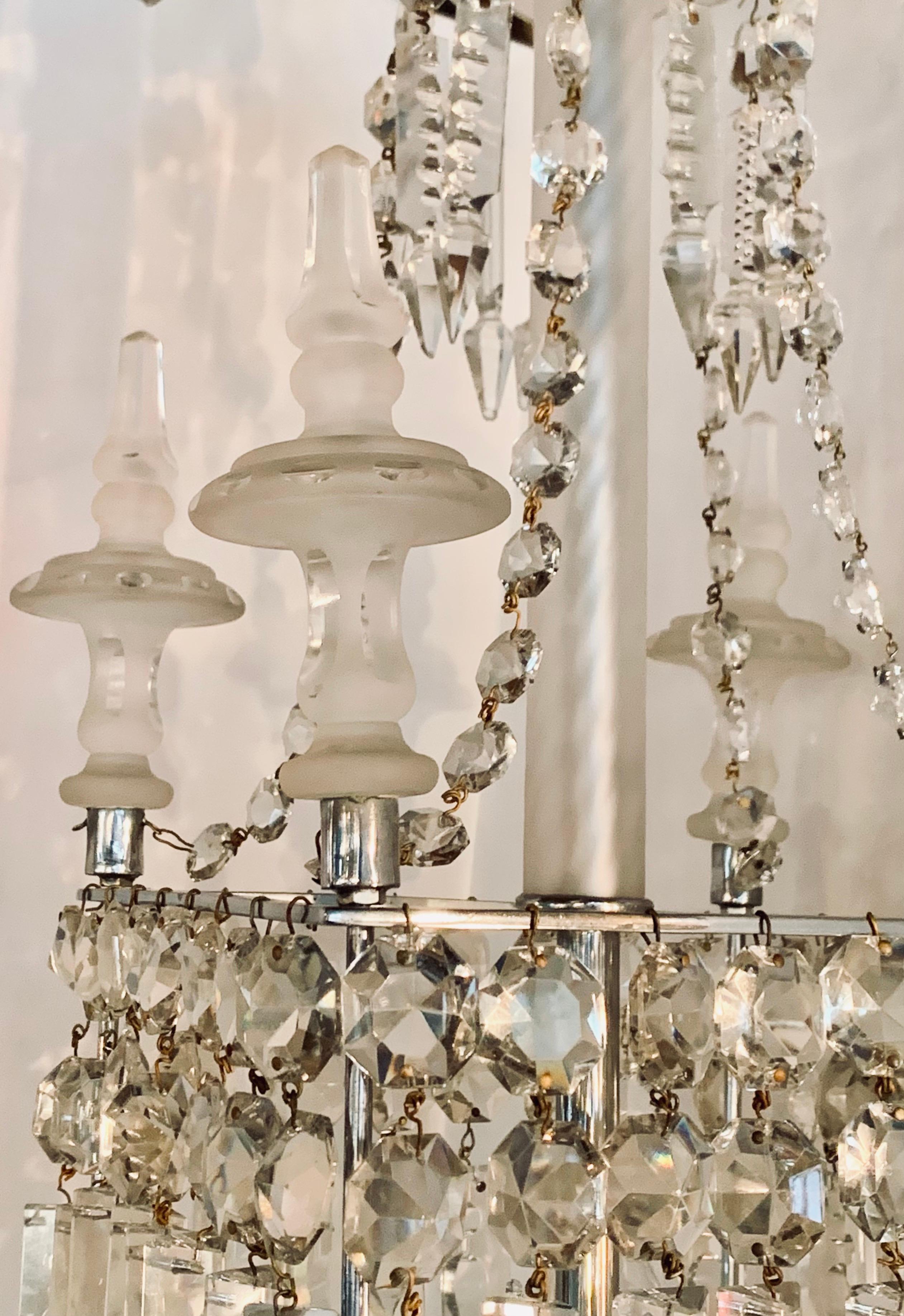 Victorian Antique Square Crystal Chandelier with Frosted Glass Spires