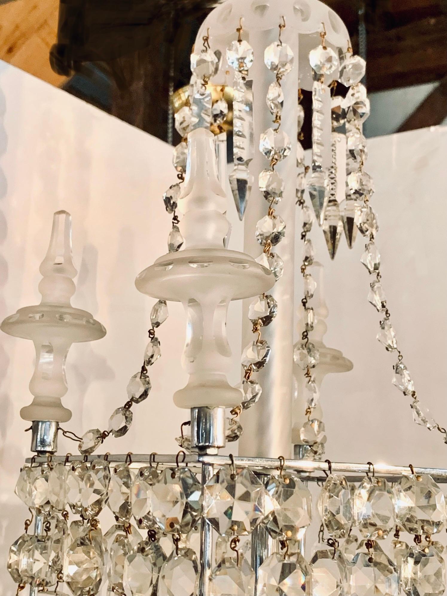 Silvered Antique Square Crystal Chandelier with Frosted Glass Spires