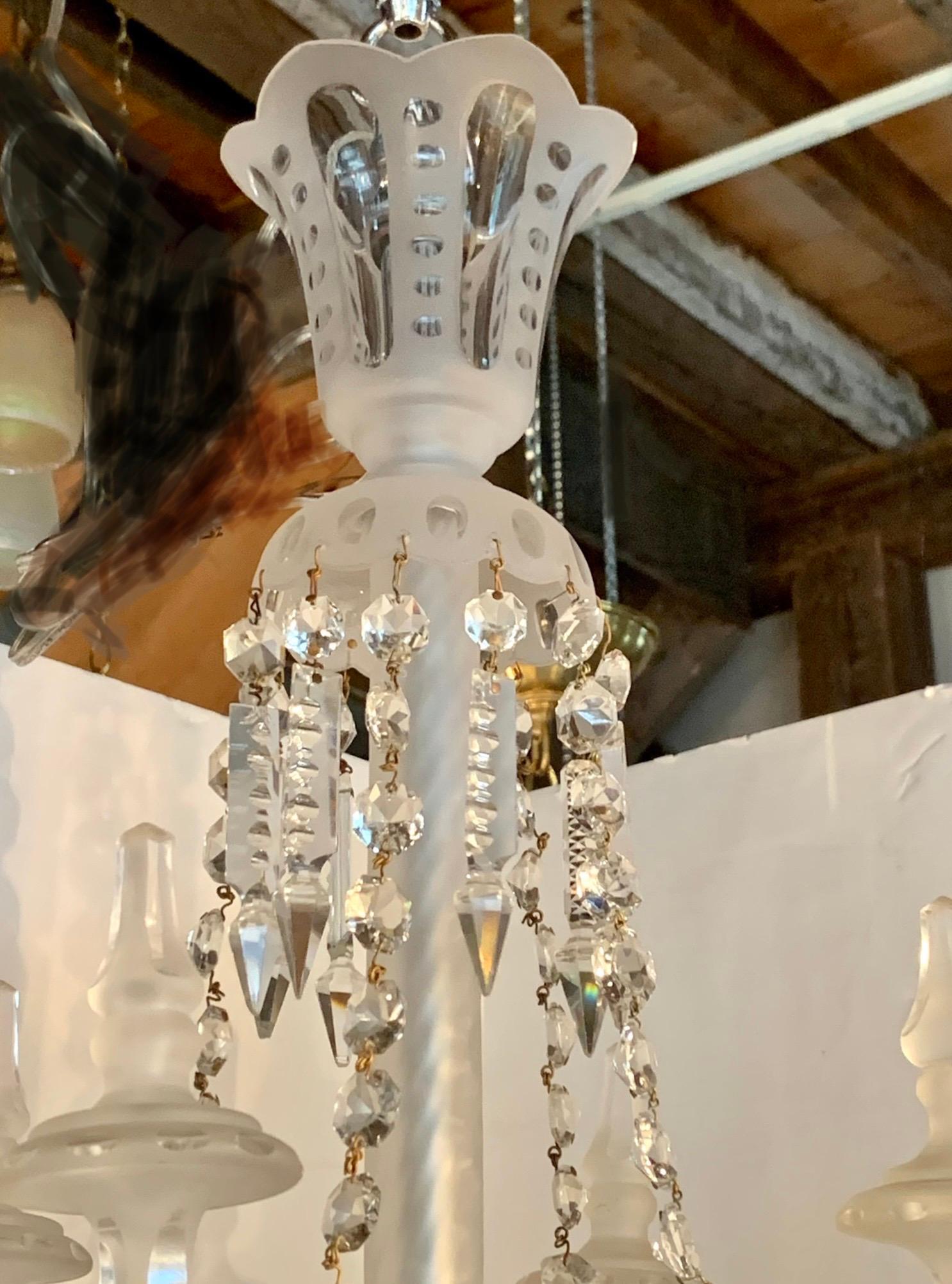 Antique Square Crystal Chandelier with Frosted Glass Spires In Good Condition In West Hartford, CT