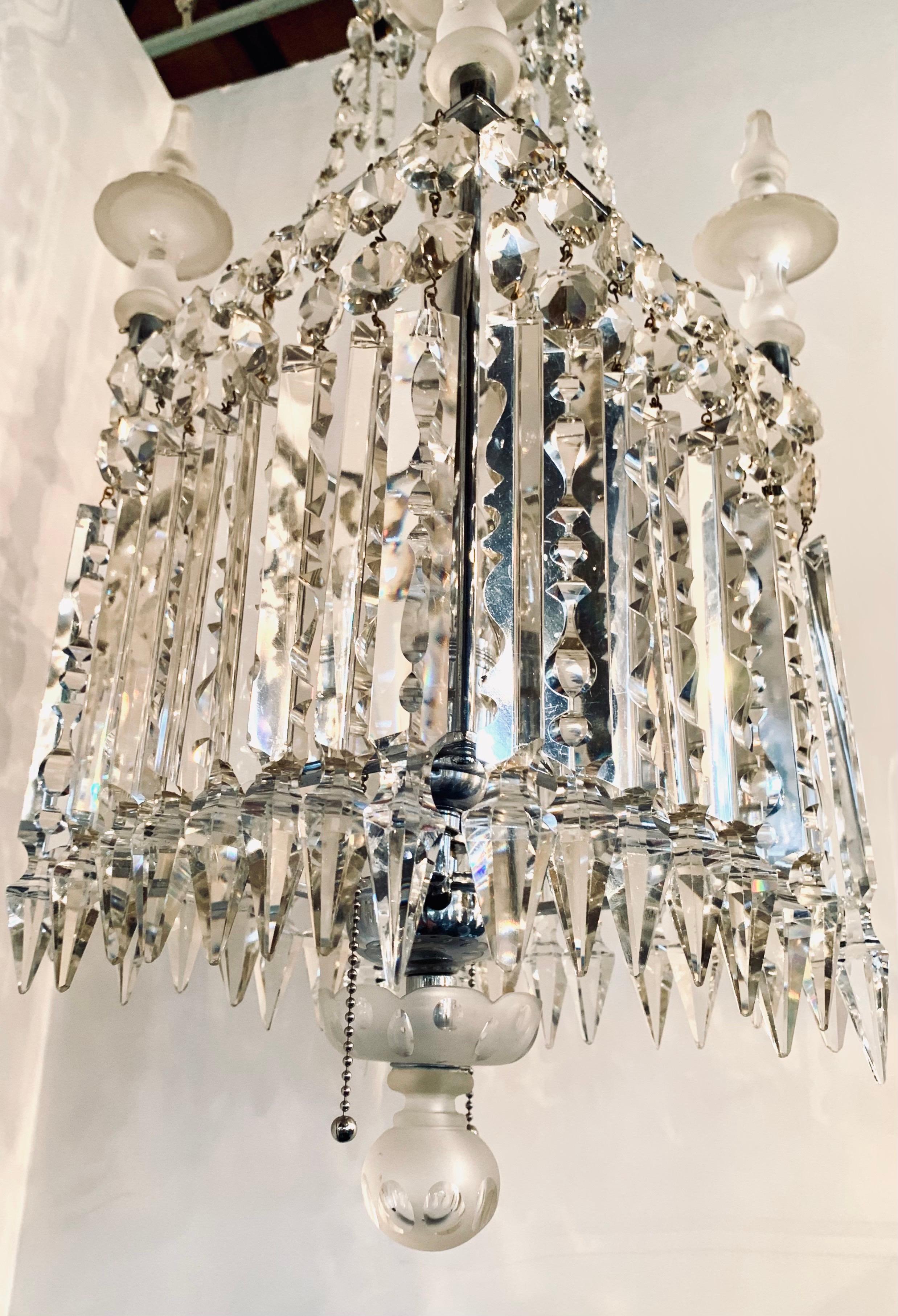 Early 20th Century Antique Square Crystal Chandelier with Frosted Glass Spires