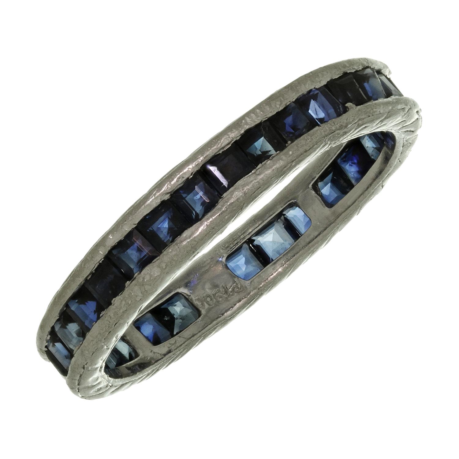 Antique Square-Cut Blue Sapphire Hand Engraved Eternity Band Ring For Sale