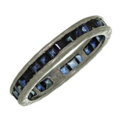 Vintage Square-Cut Blue Sapphire Hand Engraved Eternity Band Ring