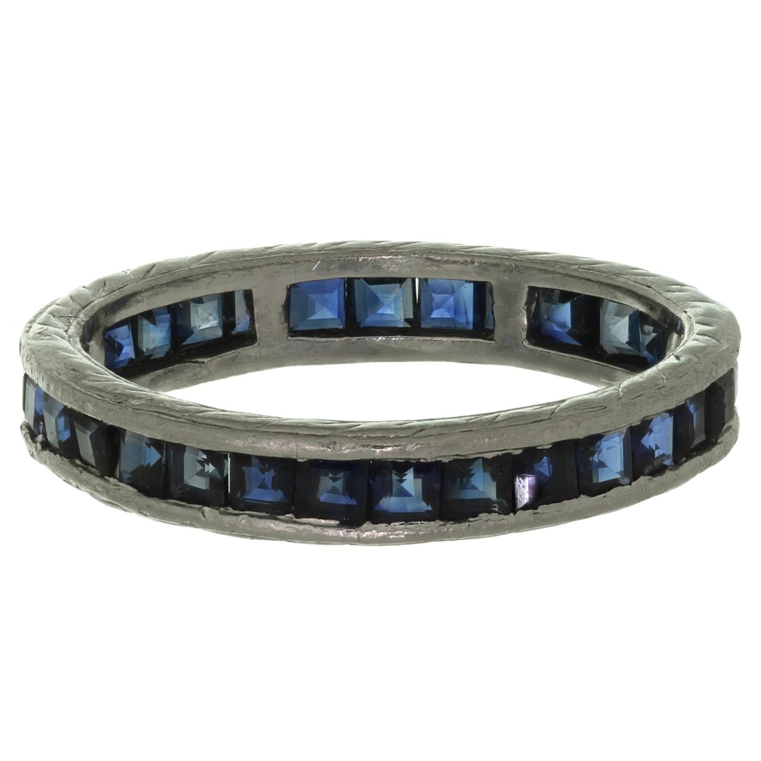 Square Cut Antique Square-Cut Blue Sapphire Hand Engraved Eternity Band Ring For Sale