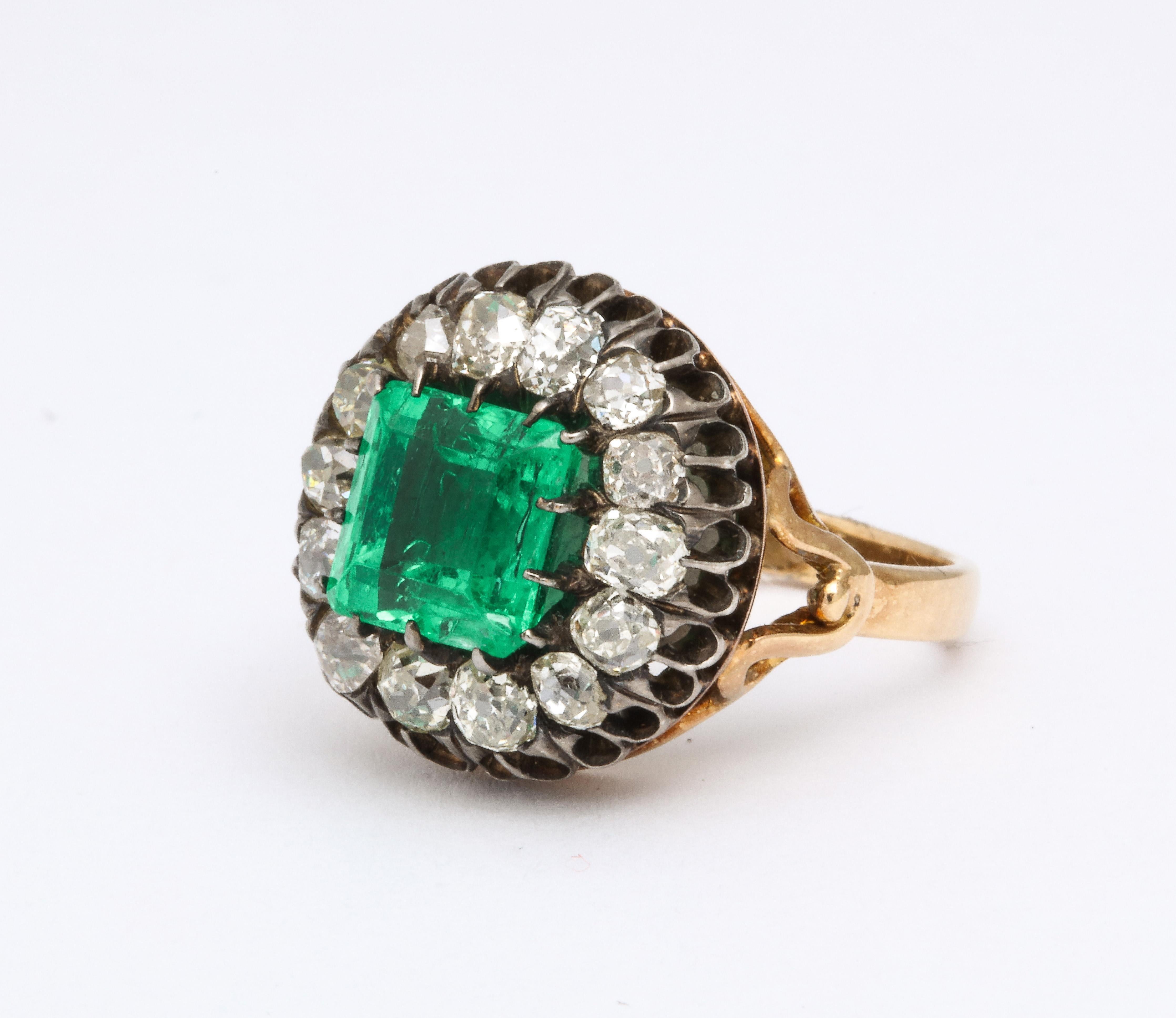 Edwardian Antique Square Cut Emerald and Old Mine Diamond Ring GIA Certified