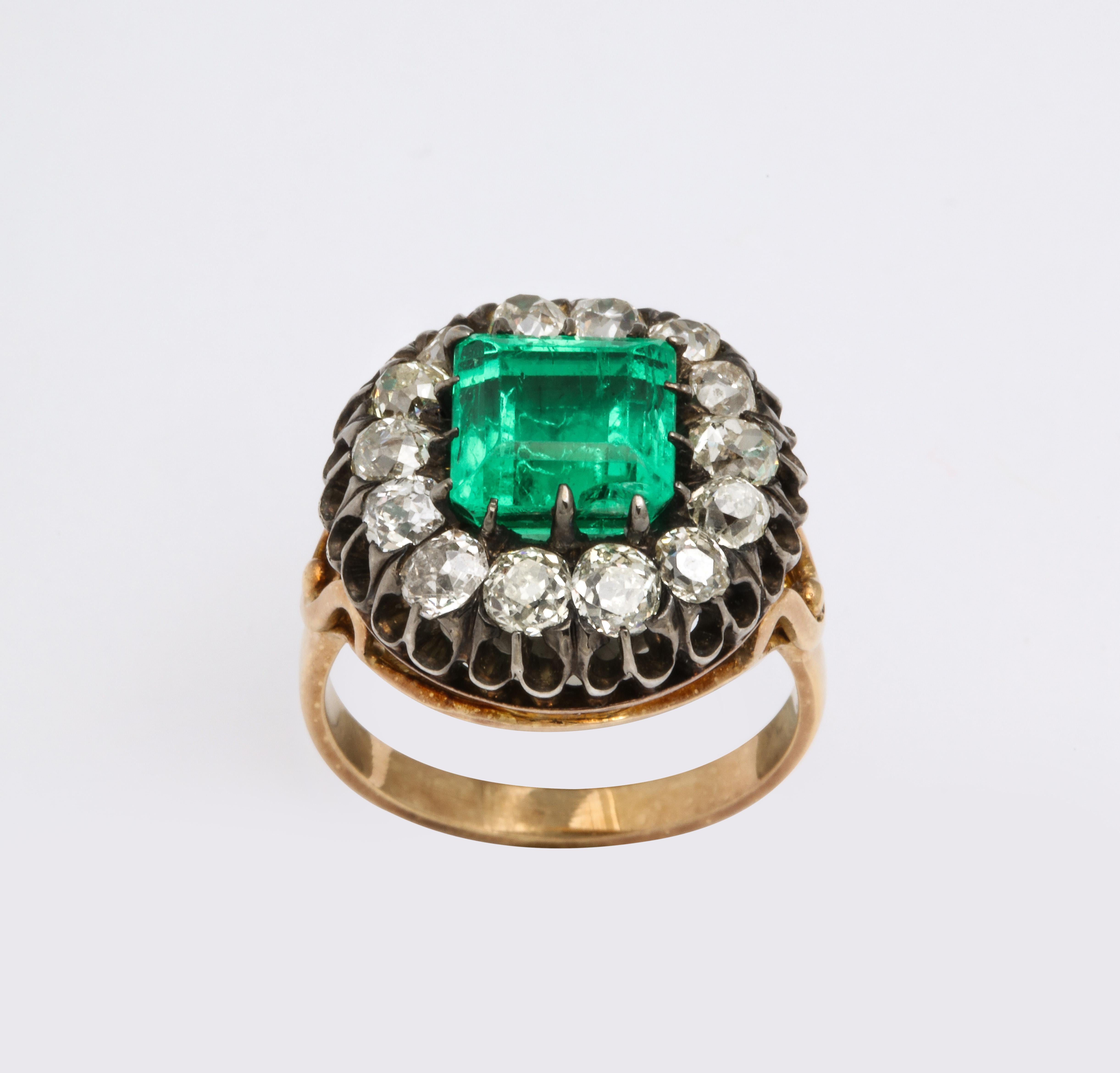 Old Mine Cut Antique Square Cut Emerald and Old Mine Diamond Ring GIA Certified