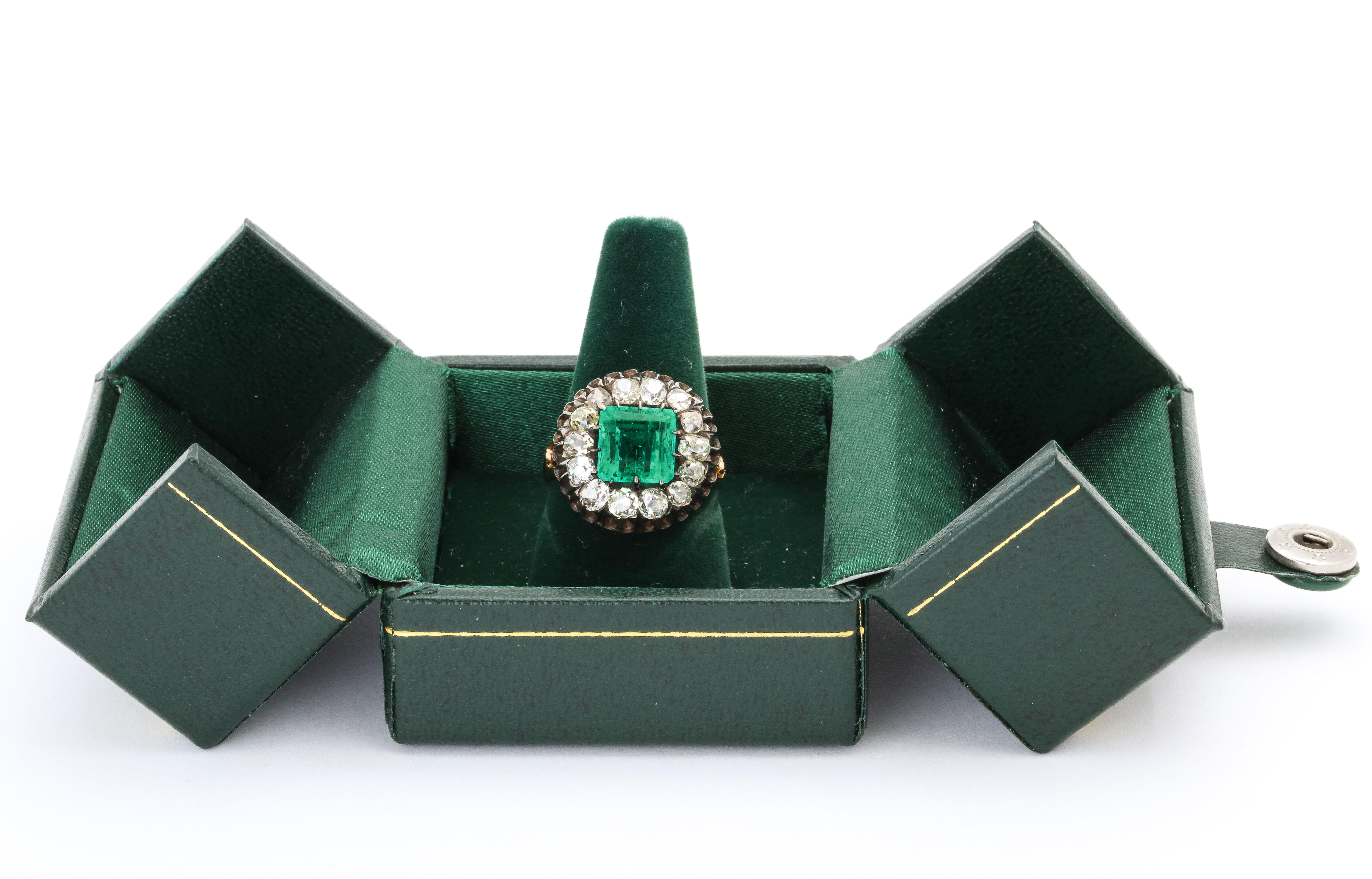 Antique Square Cut Emerald and Old Mine Diamond Ring GIA Certified 2