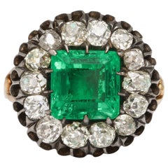 Antique Square Cut Emerald and Old Mine Diamond Ring GIA Certified