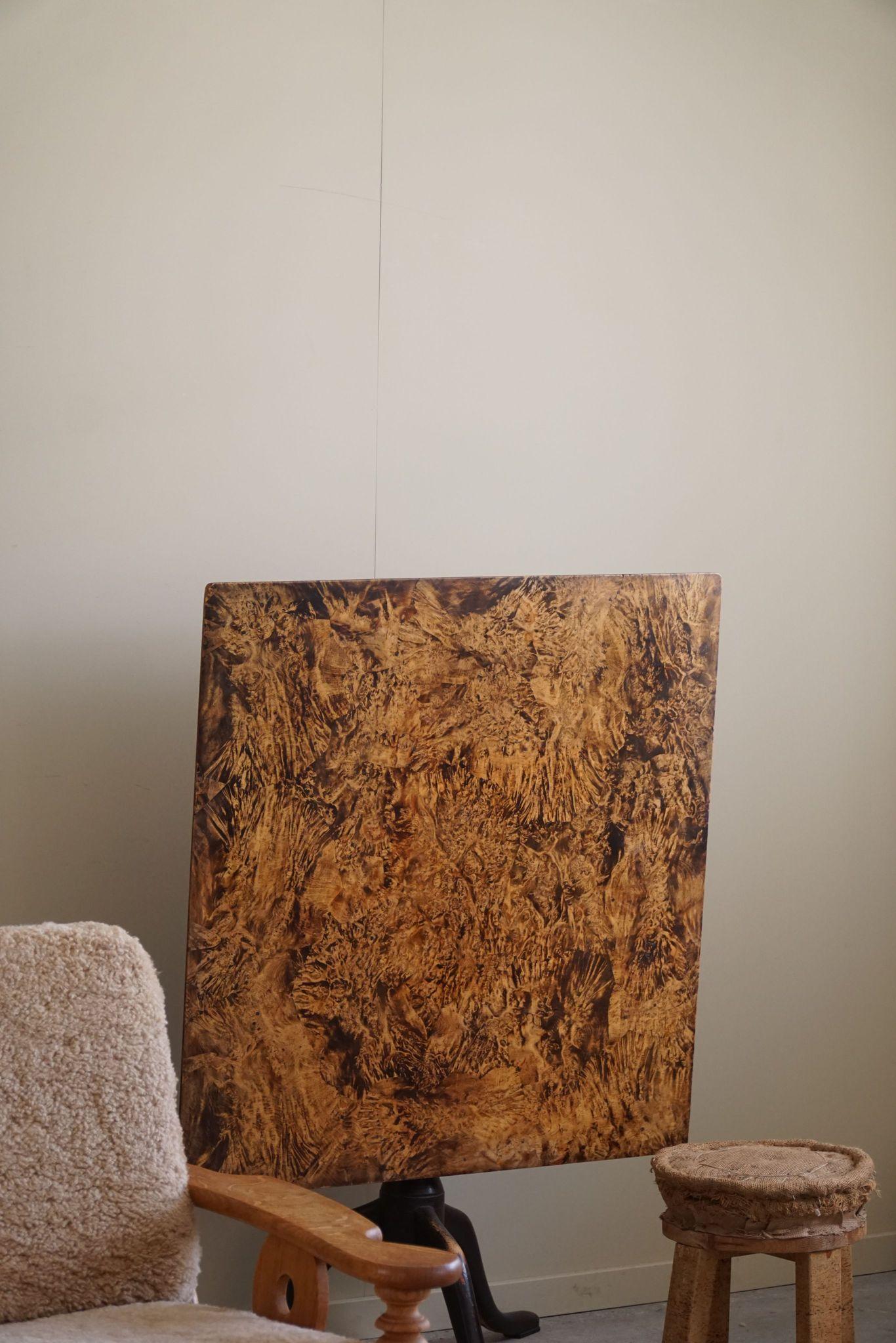 Antique Square Drop Leaf Table in Burl Wood, Handcrafted in Sweden, 19th Century For Sale 1