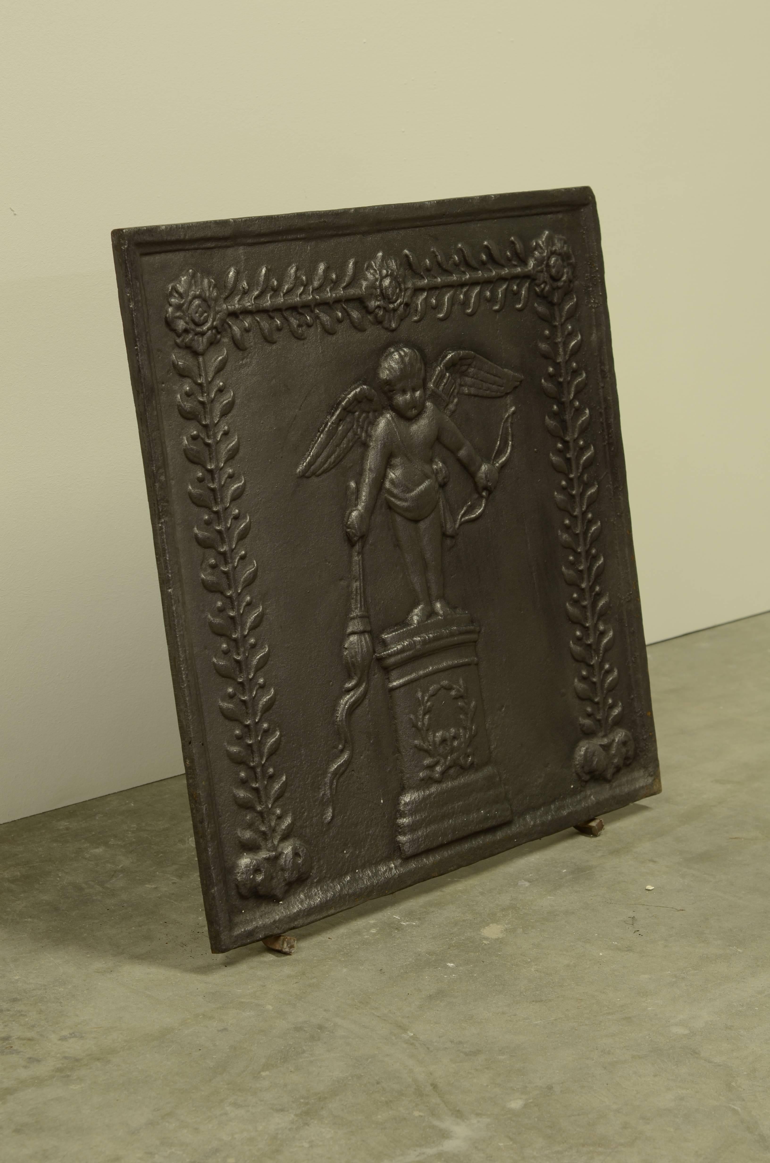 European Antique Square Fireback, Cupid with Bow and Torch, 19th Century