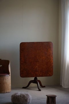 Antique Square Folding Table in Burl Wood, Handcrafted in Sweden, 19th Century