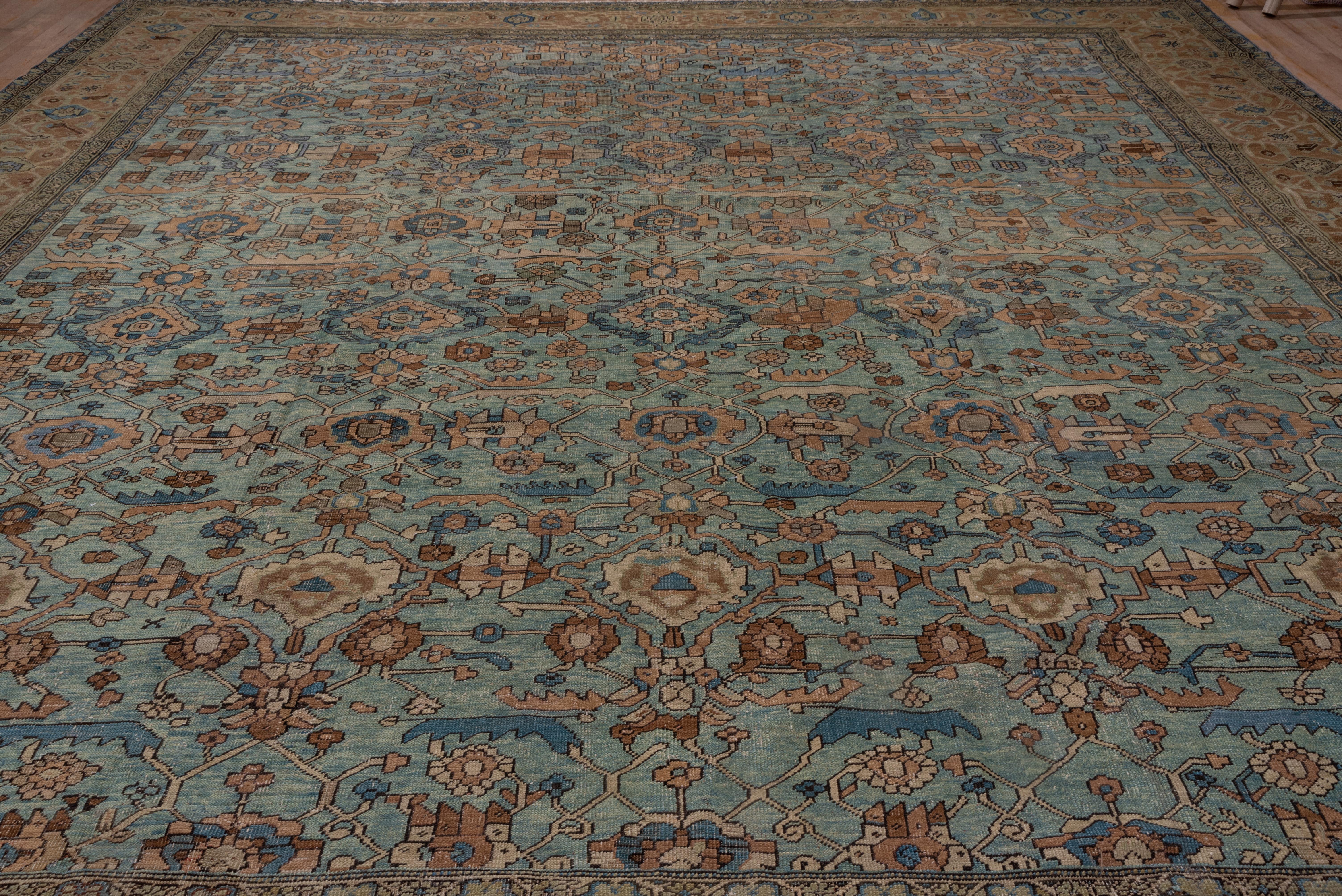 The abrashed aqua field displays a basically allover pattern of semi-geometric leaves, flowers and small palmettes, all in the chunky Heriz style. This unusually formatted and colored NW Persian village carpet has a buff-rust simply drawn turtle