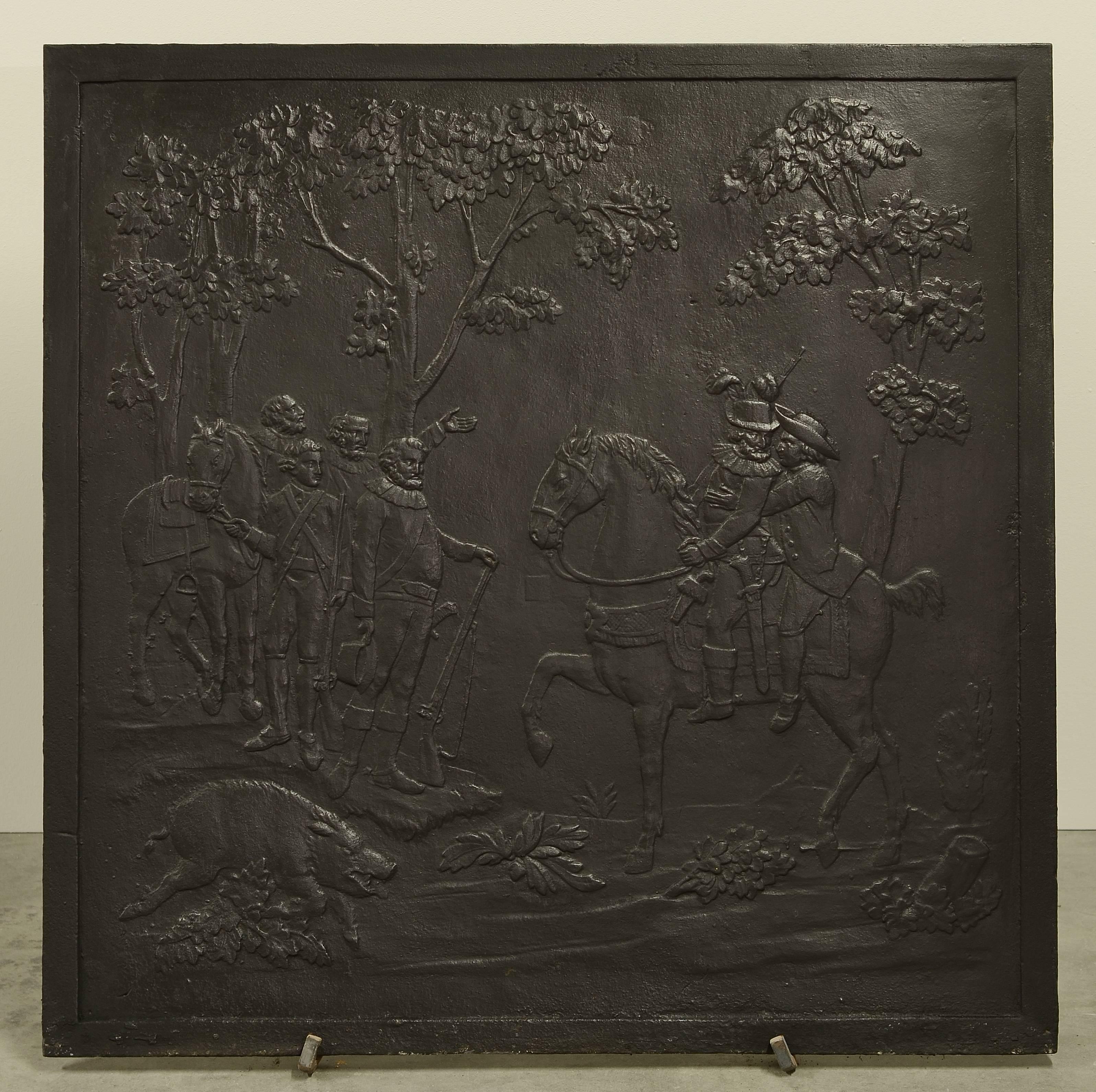 19th century cast iron fireback showing a hunting scene.

Perfect square and usable dimension.
Can be used in a fire or as backsplash.

Can be supplied with stand.