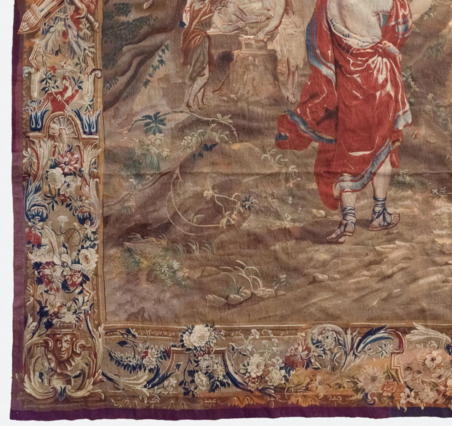 17th Century Antique Square Late 17th C. Brussels Baroque Mythological Tapestry Mars Venus For Sale