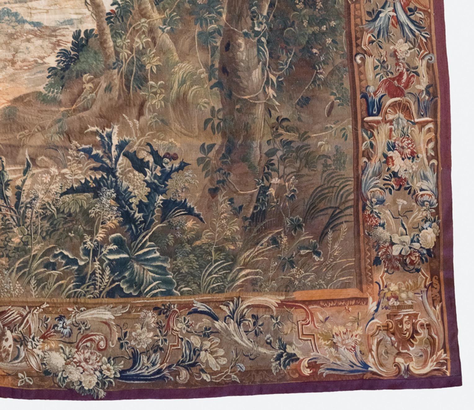 Antique Square Late 17th C. Brussels Baroque Mythological Tapestry Mars Venus For Sale 1