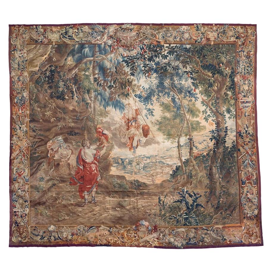 Antique Square Late 17th C. Brussels Baroque Mythological Tapestry Mars Venus For Sale