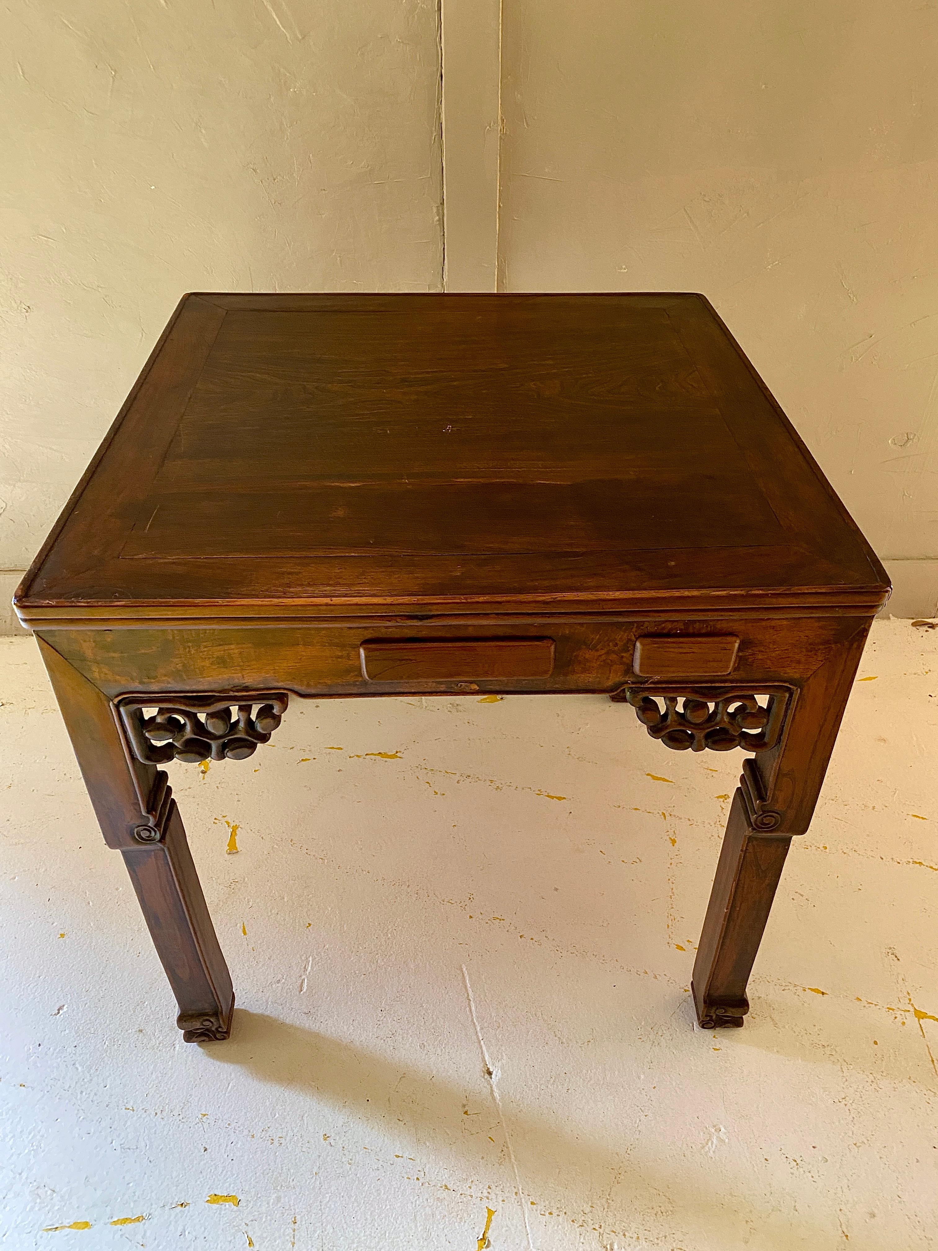 Carved Antique Square Mahjong Table For Sale