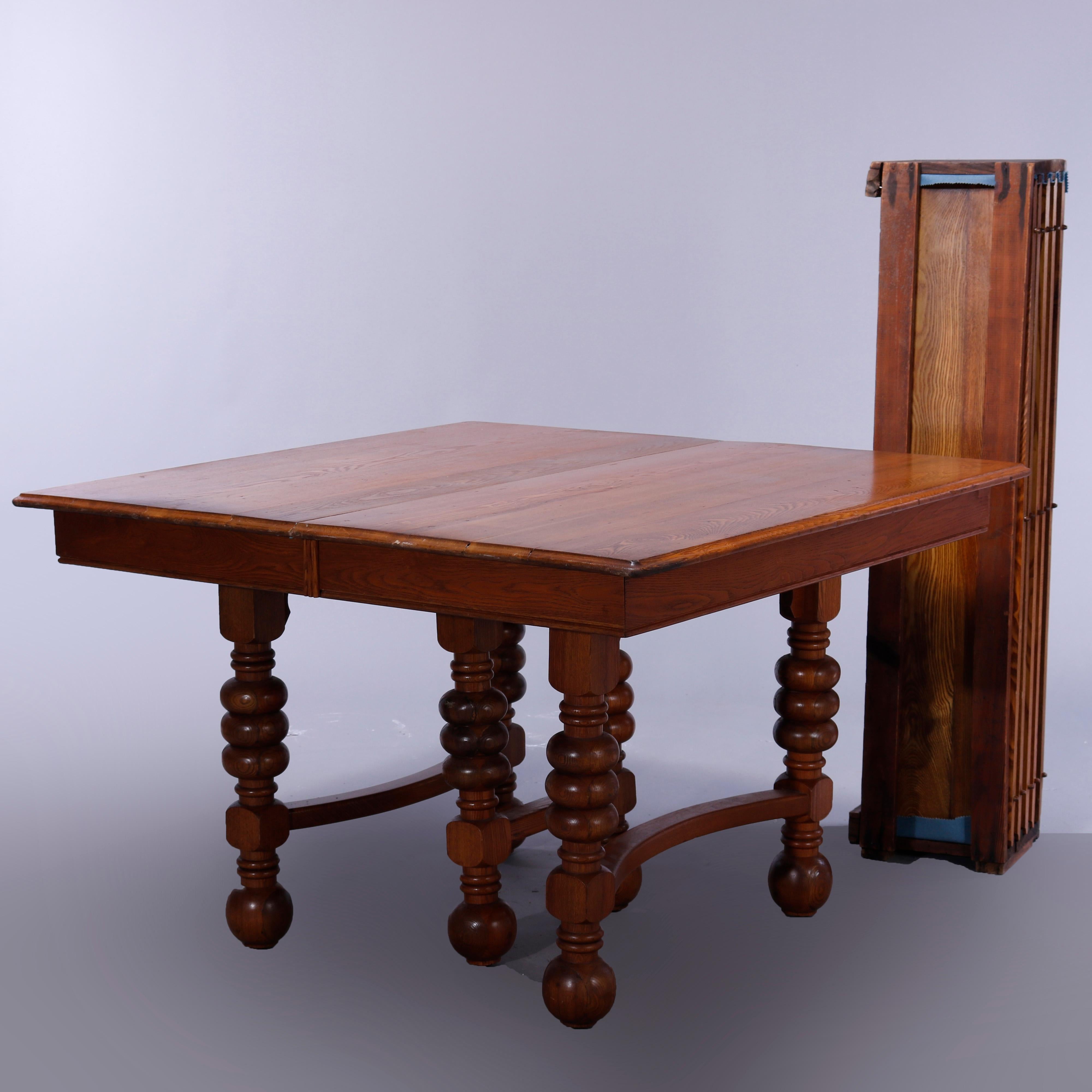 Antique Square Oak Extension Dining Table with Five Banquet Leaves, c1900 5