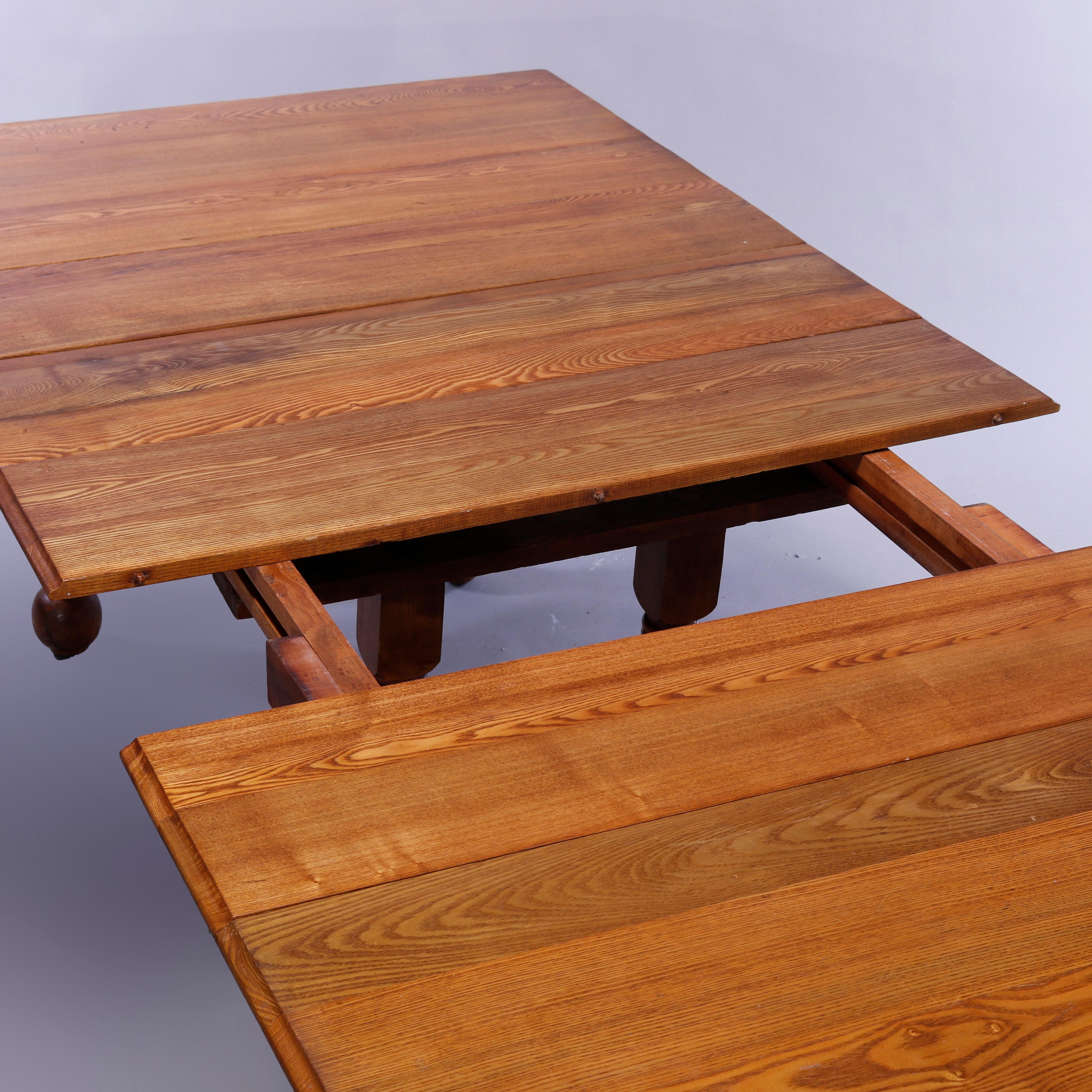 Antique Square Oak Extension Dining Table with Five Banquet Leaves, c1900 9