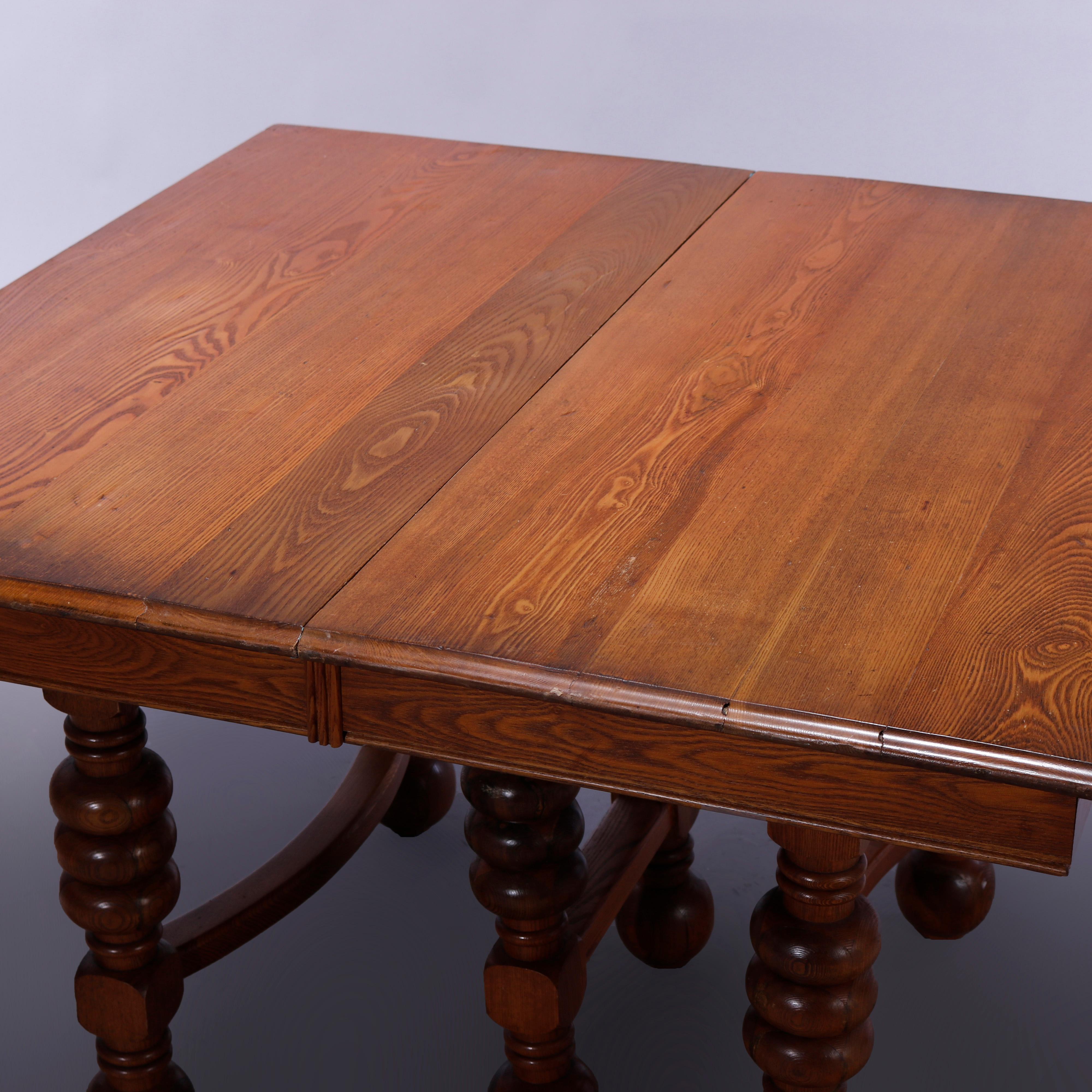 American Antique Square Oak Extension Dining Table with Five Banquet Leaves, c1900