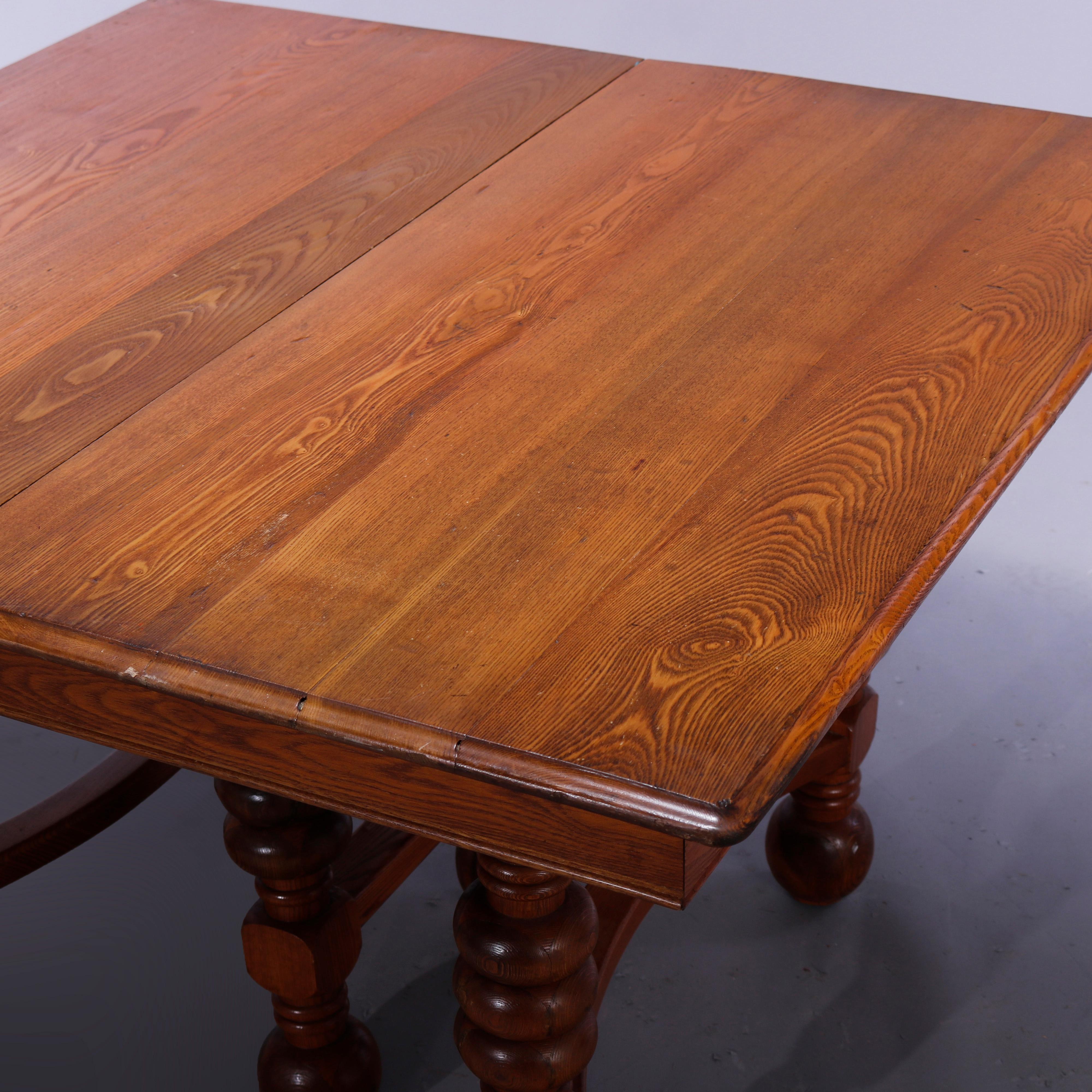 Carved Antique Square Oak Extension Dining Table with Five Banquet Leaves, c1900