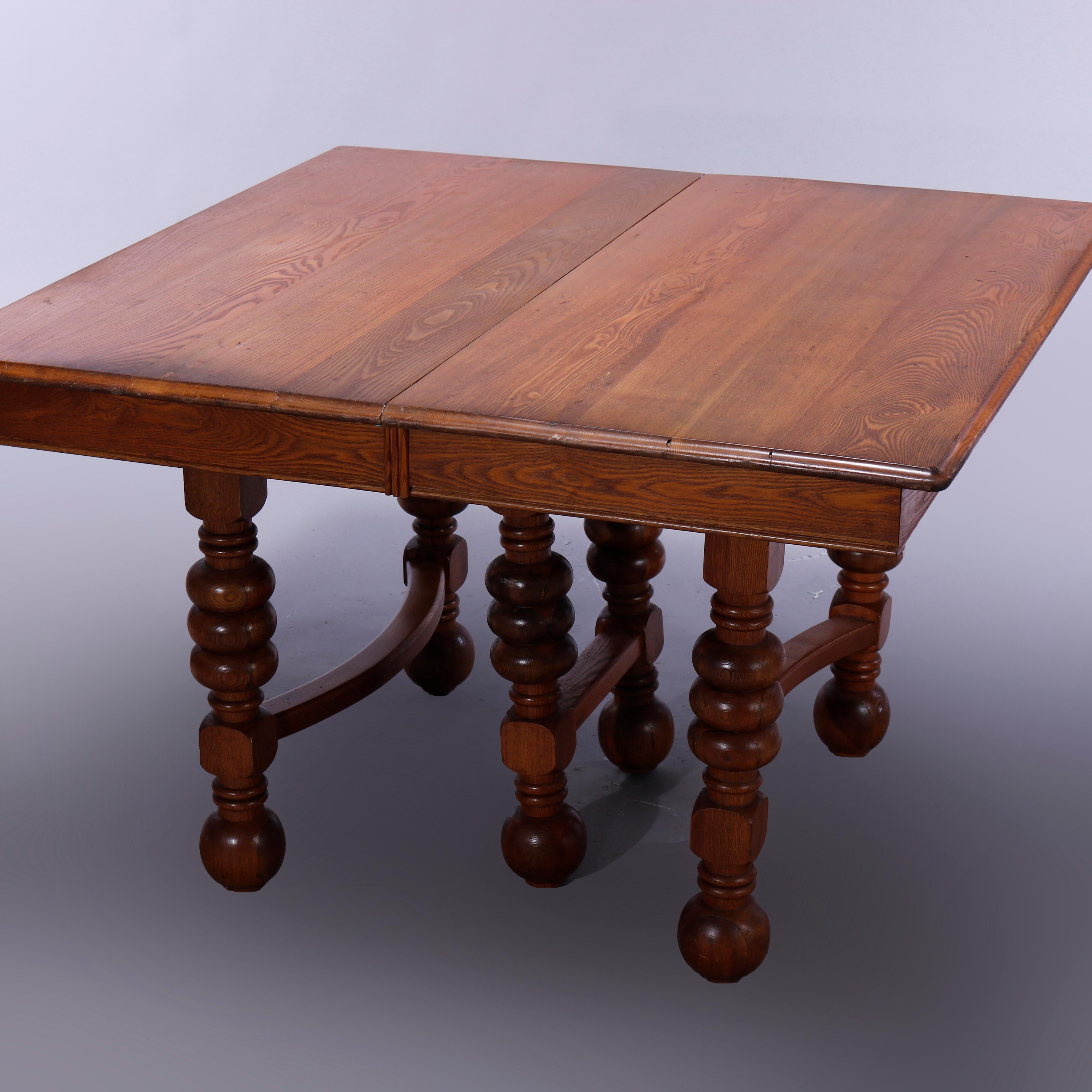 Antique Square Oak Extension Dining Table with Five Banquet Leaves, c1900 In Good Condition In Big Flats, NY