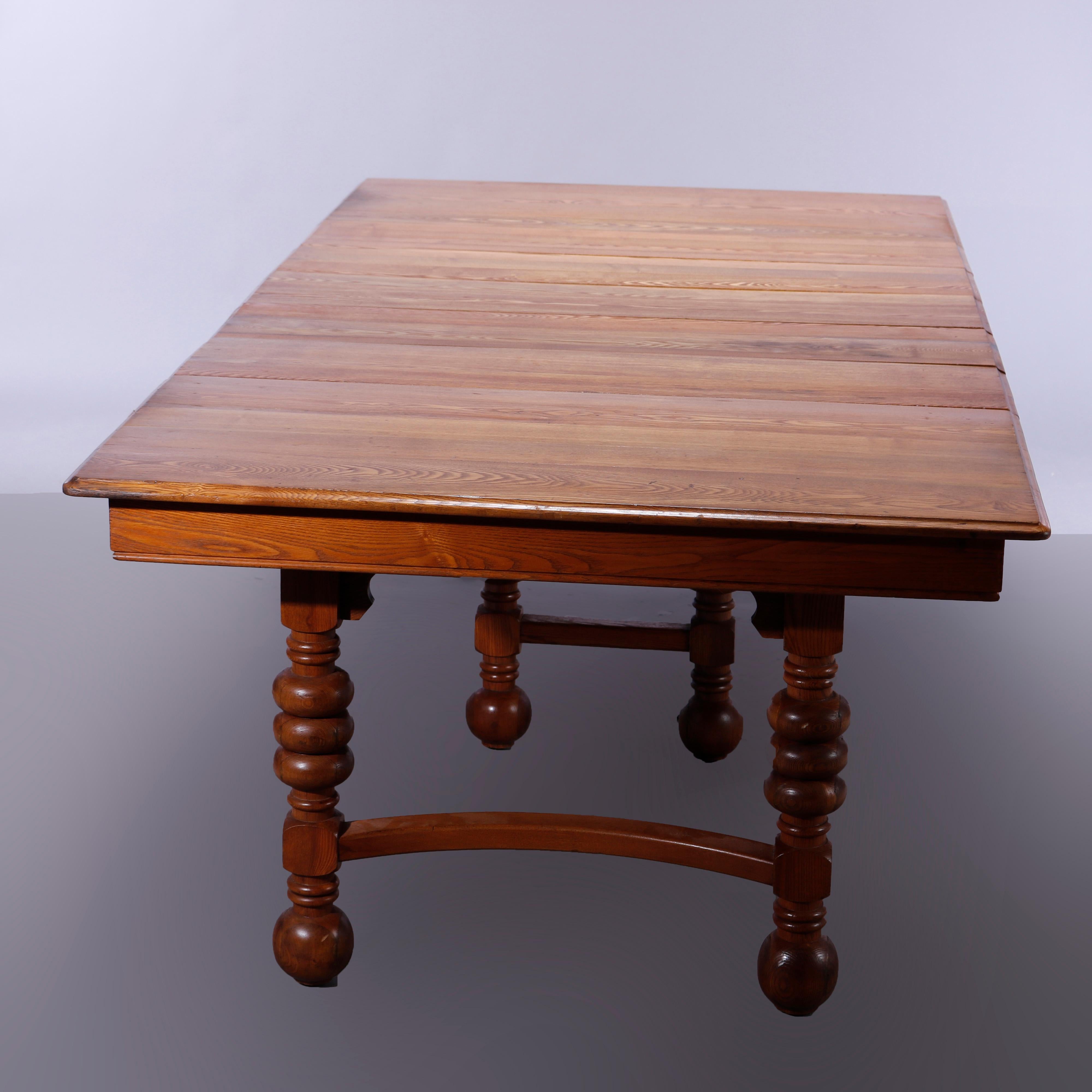 Wood Antique Square Oak Extension Dining Table with Five Banquet Leaves, c1900