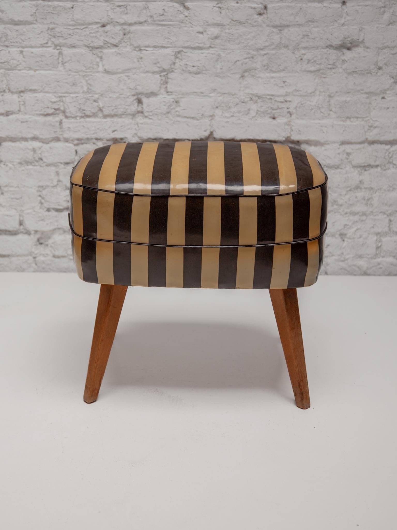 Hand-Crafted Antique Square Ottoman, Stool Black and White Seat, France 1910 For Sale