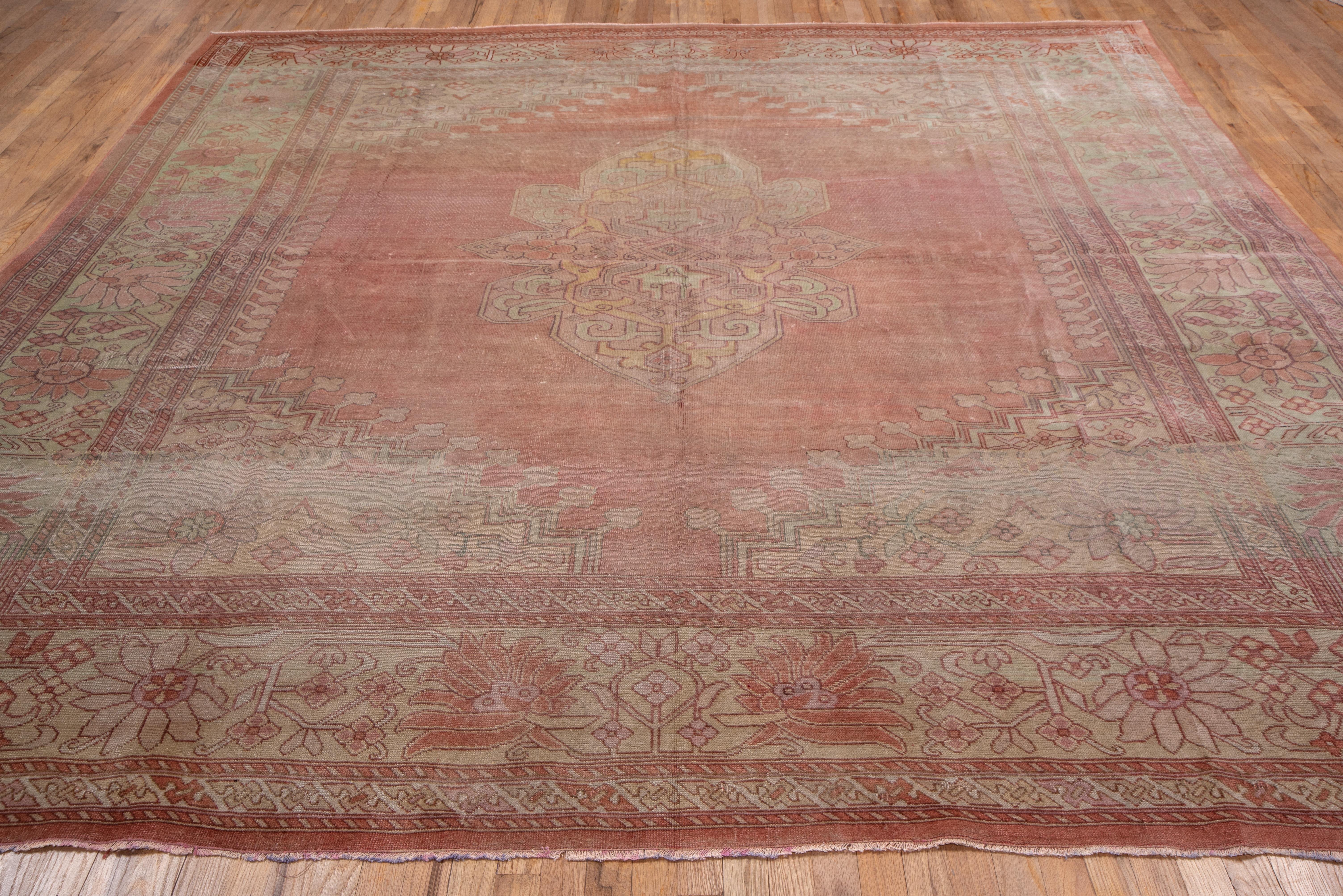 Antique Square Oushak Carpet, Pink Field, Lightly Distressed In Good Condition In New York, NY