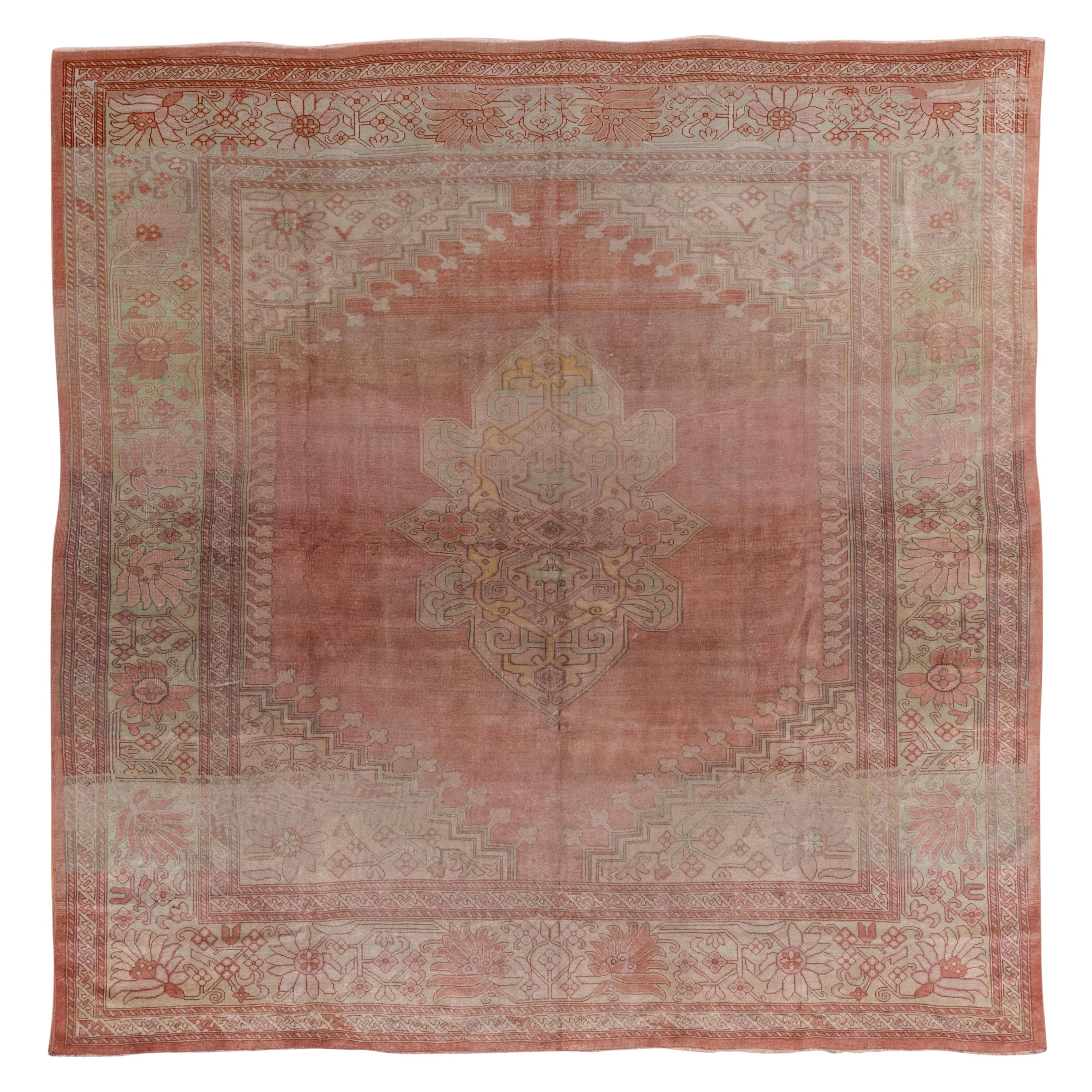 Antique Square Oushak Carpet, Pink Field, Lightly Distressed