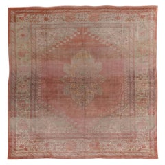 Antique Square Oushak Carpet, Pink Field, Lightly Distressed Antique Square Oushak Carpet, Pink Field, Lightly Distressed