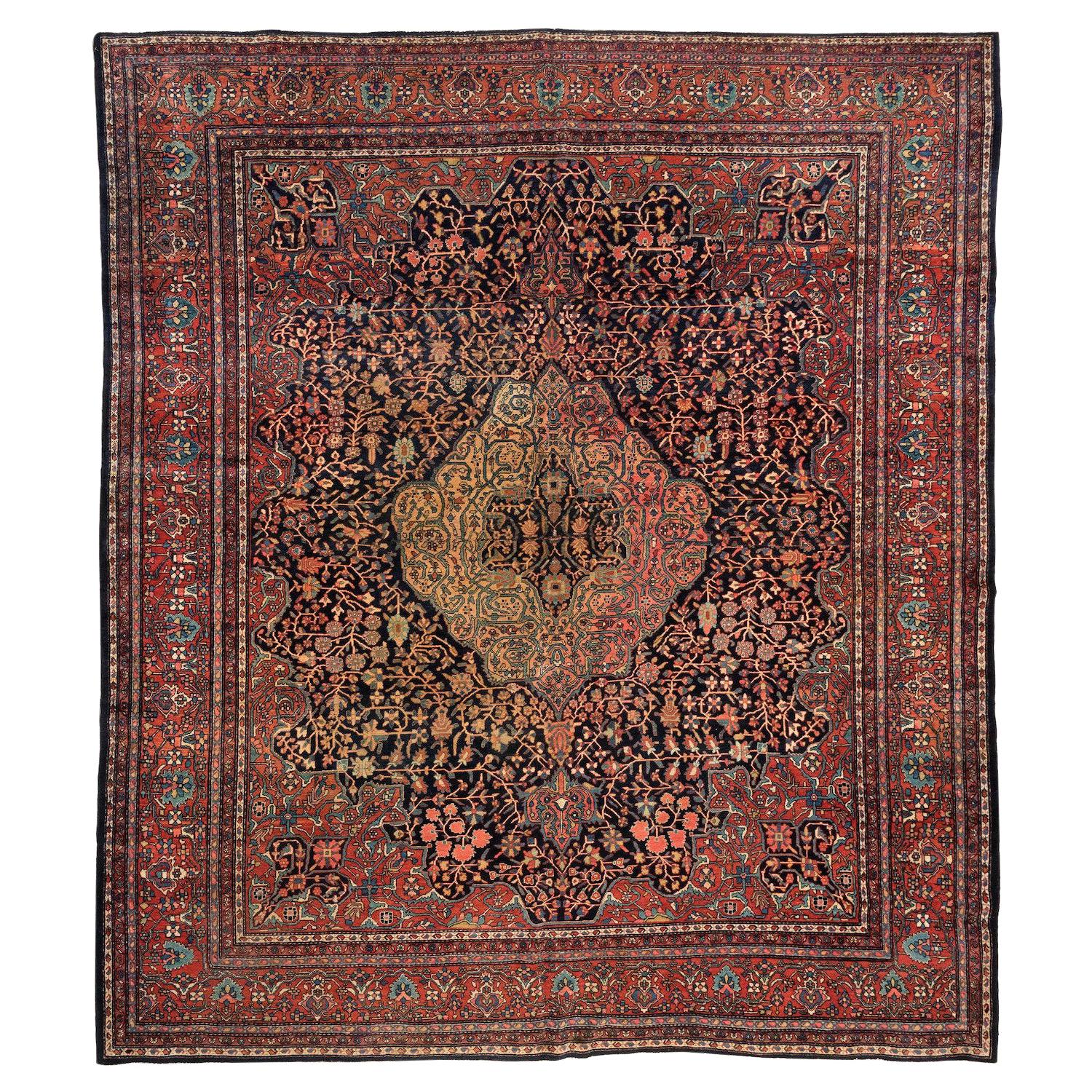 Antique Square Persian Red Navy Blue Farahan Sarouk Room Size Area Rug c. 1900s For Sale