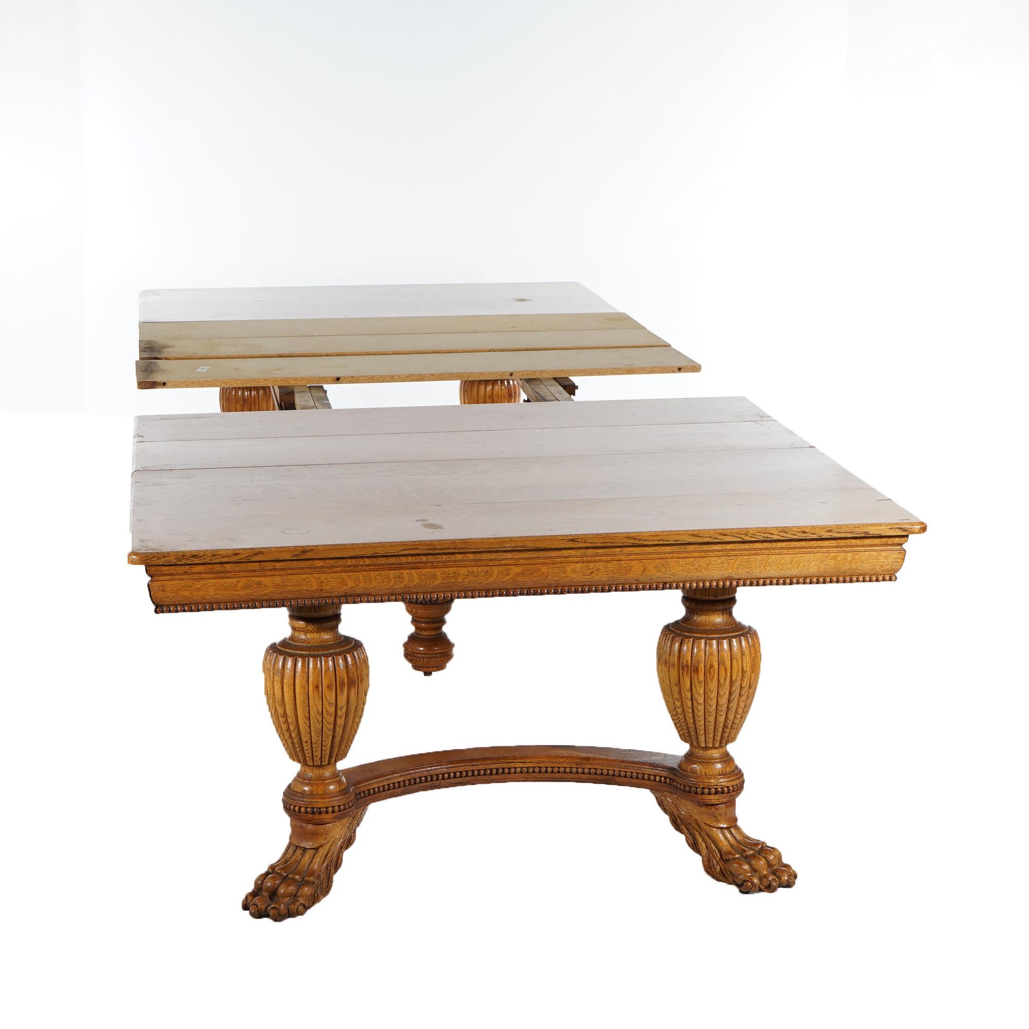 American Antique Square Quarter Sawn Oak Dining Table with Five Leaves & Claw Feet c1900