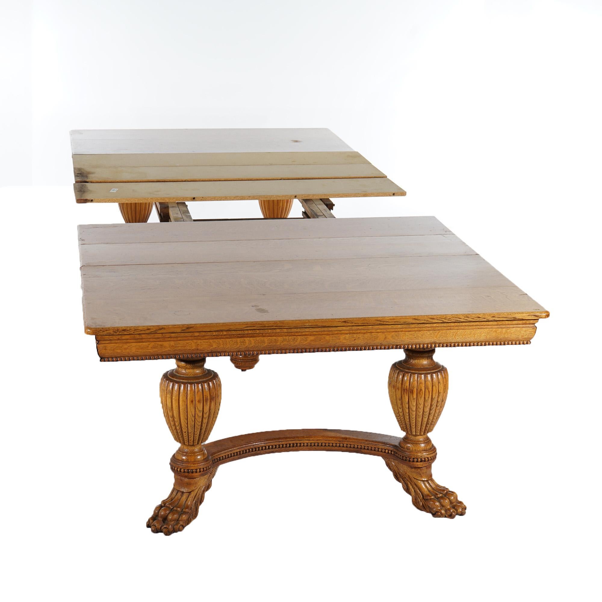 Carved Antique Square Quarter Sawn Oak Dining Table with Five Leaves & Claw Feet c1900